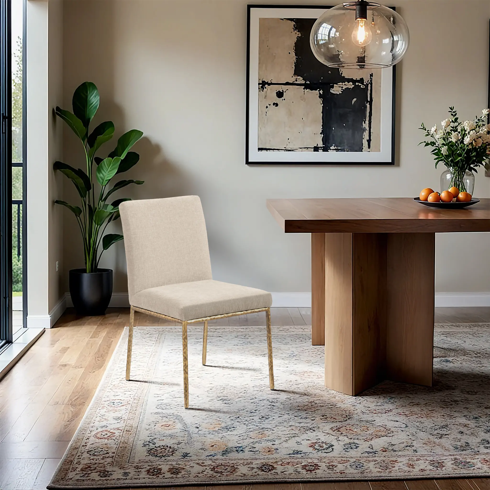 Reeves Beige Dining Side Chair with Gold Legs, Set of 2-2