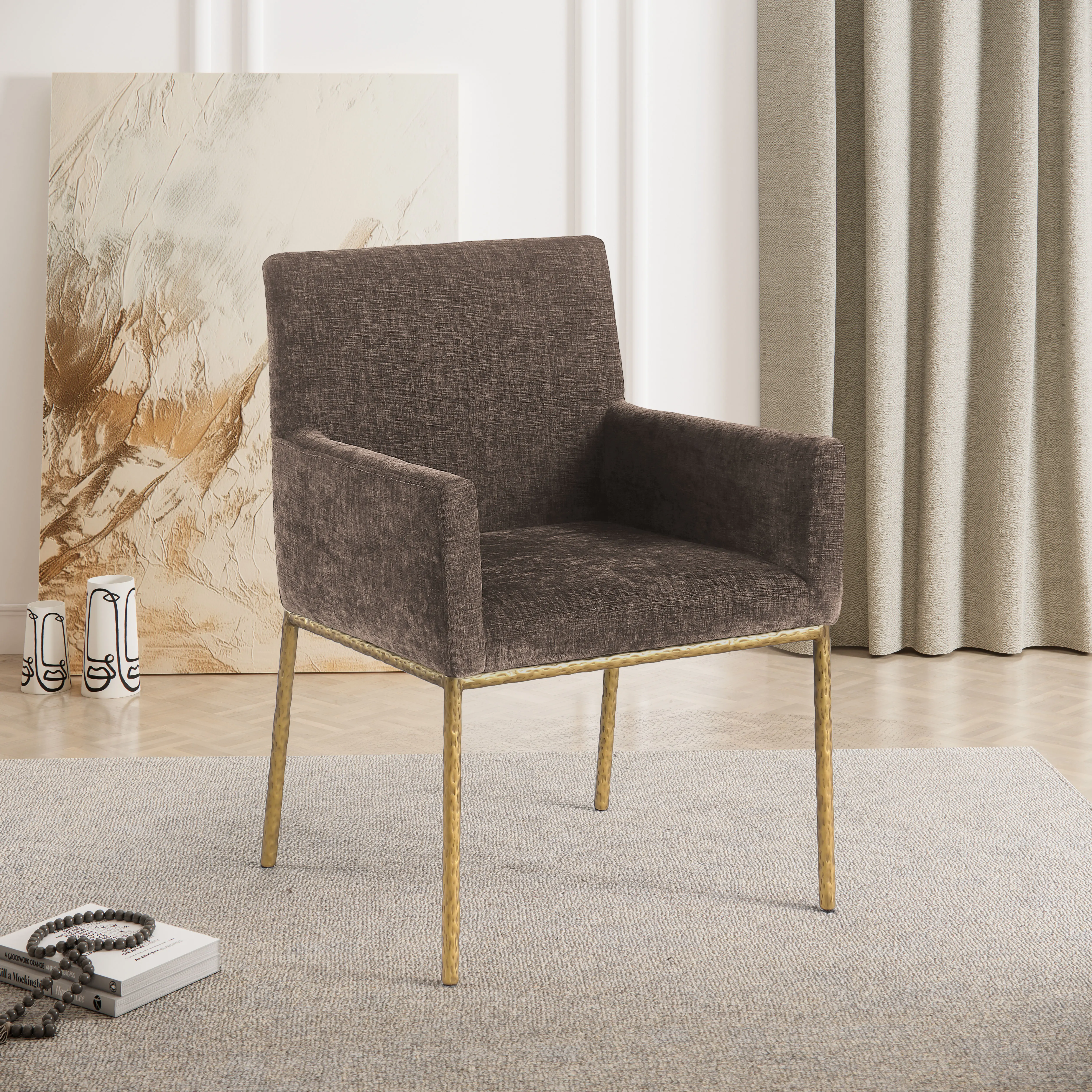 Reeves Brown Dining Armchair with Gold Legs, Set of 2-2