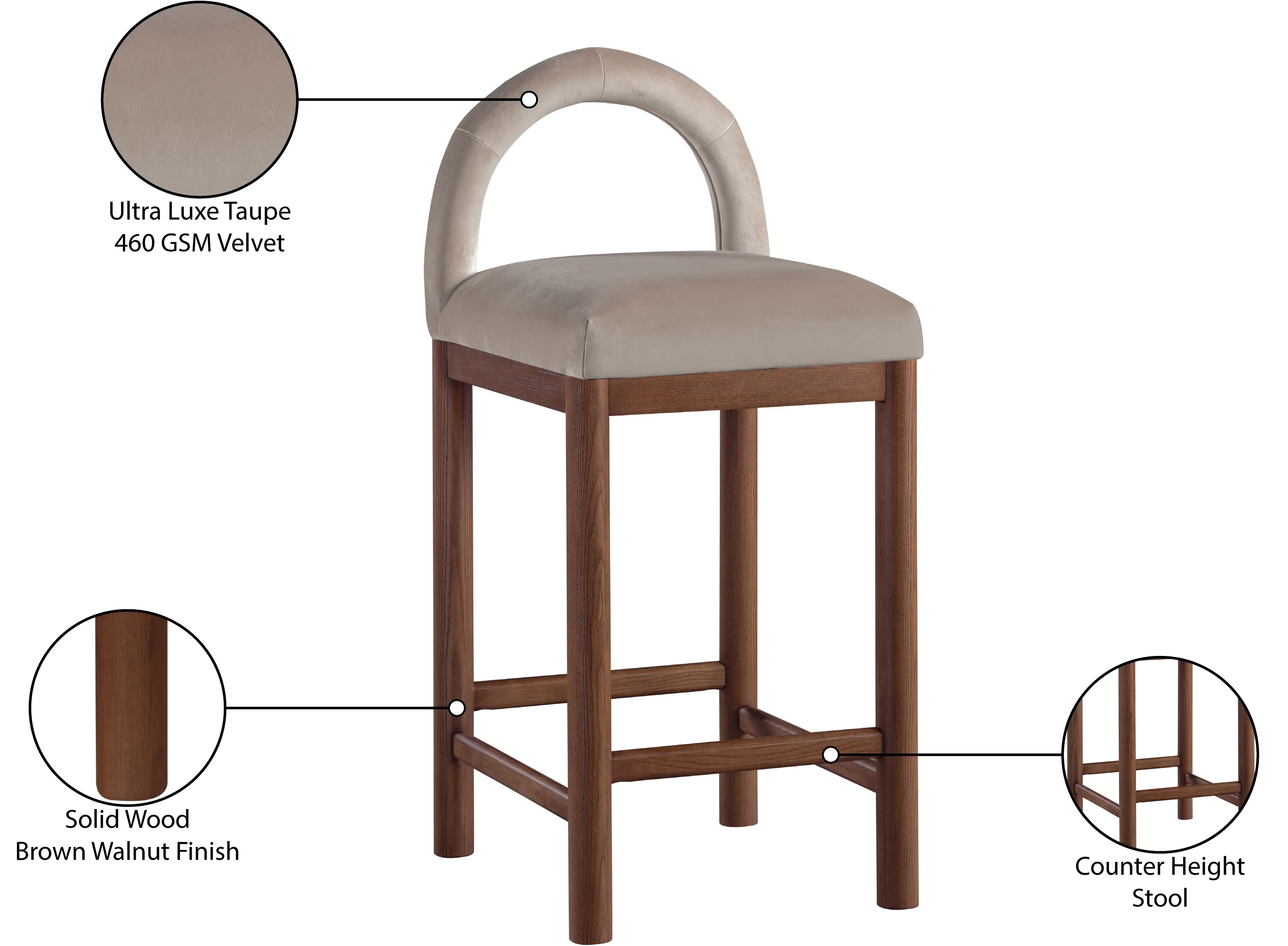 Conrad Taupe Velvet Upholstered Counter Stool-9