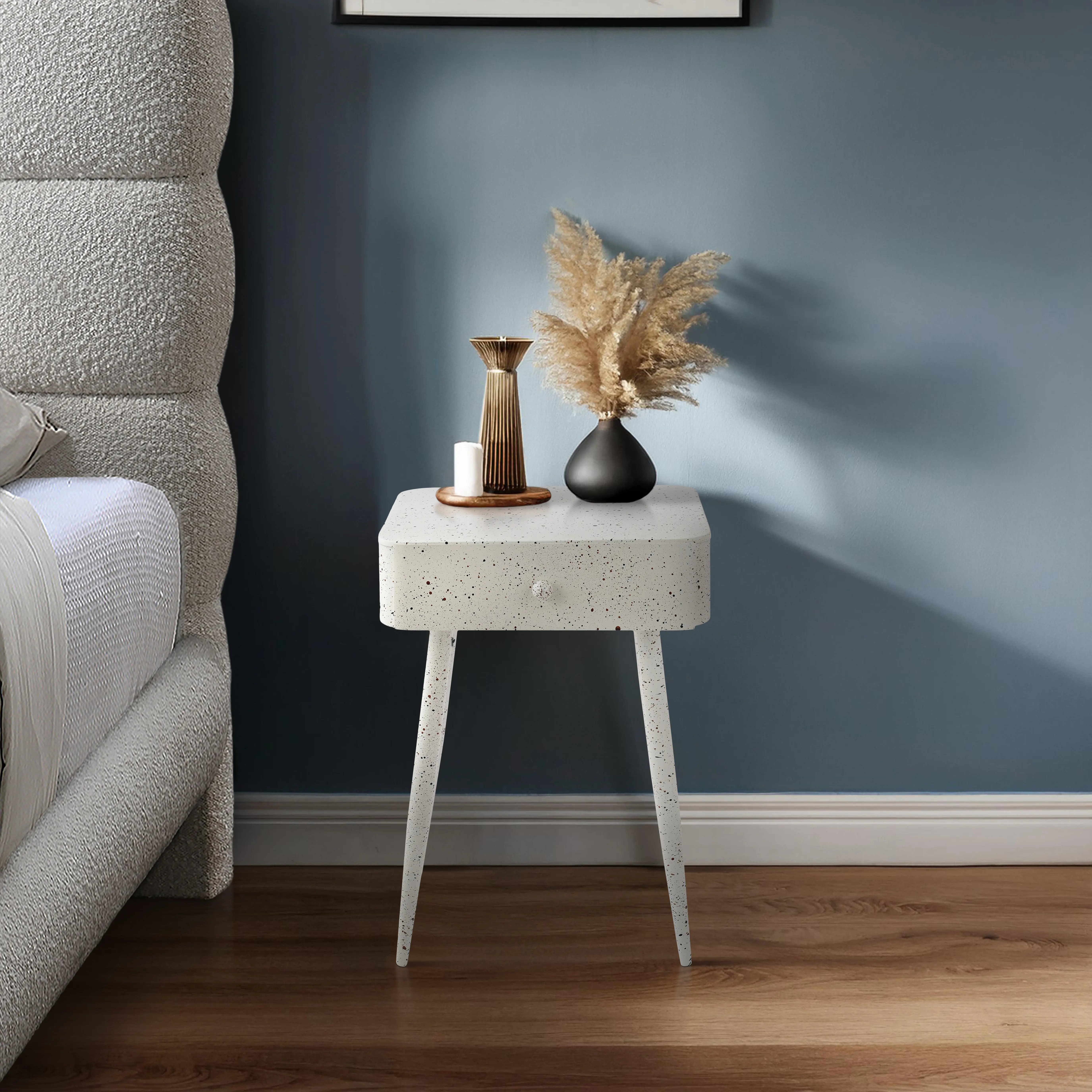 Rylan White Terrazzo Iron Nightstand-1