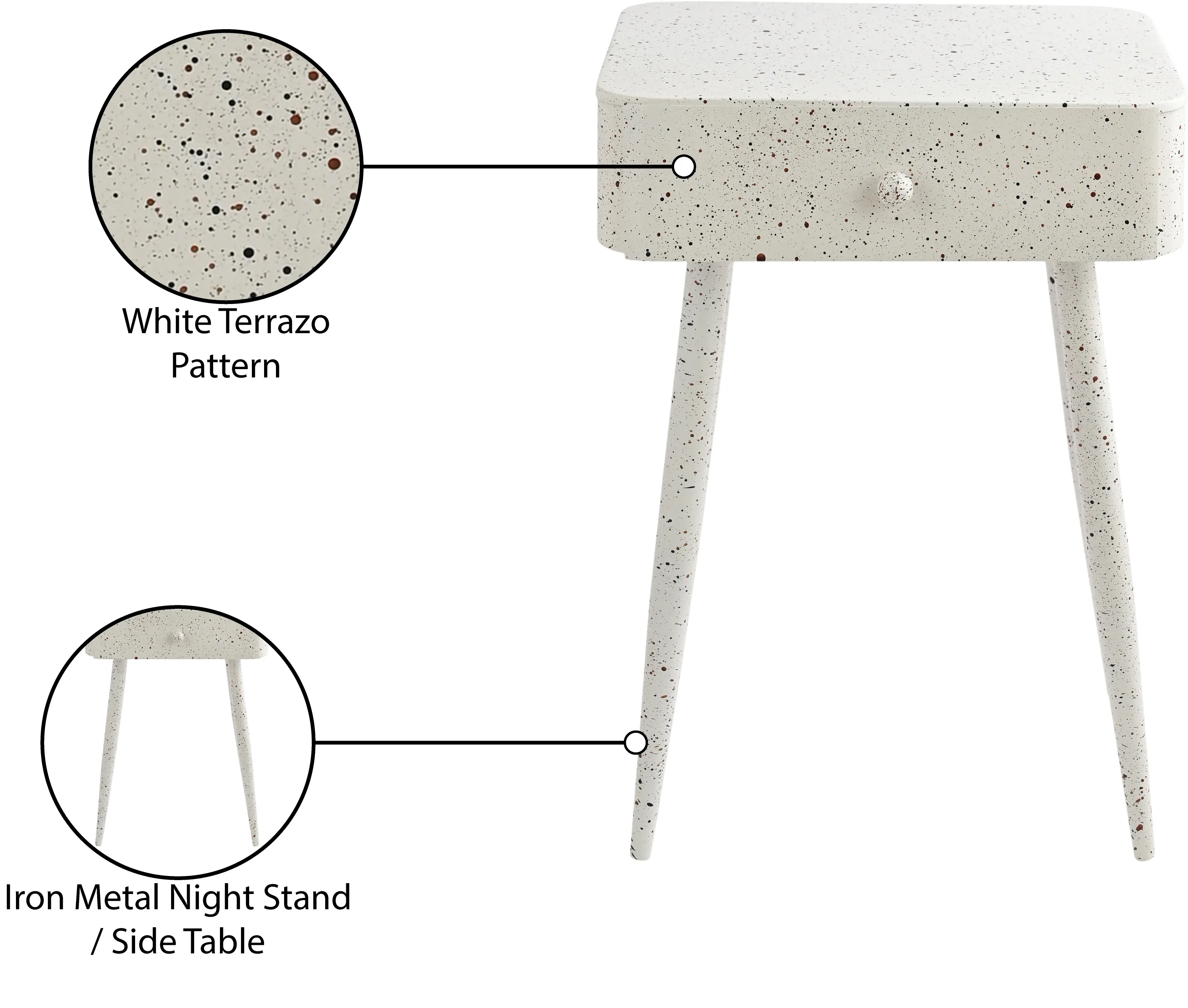 Rylan White Terrazzo Iron Nightstand-10