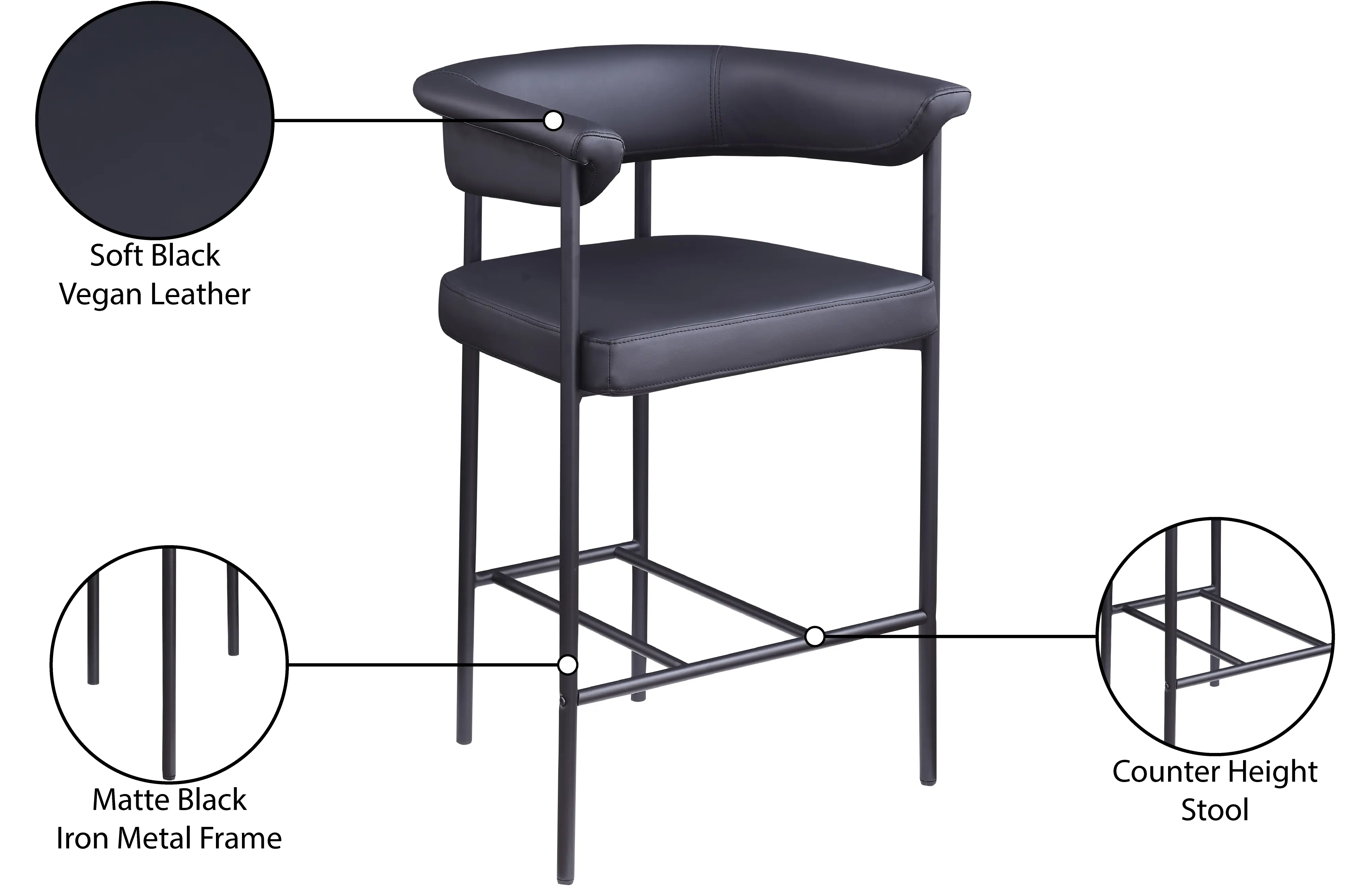 Malin Black Vegan Leather Upholstered Counter Stool, Set of 2-9