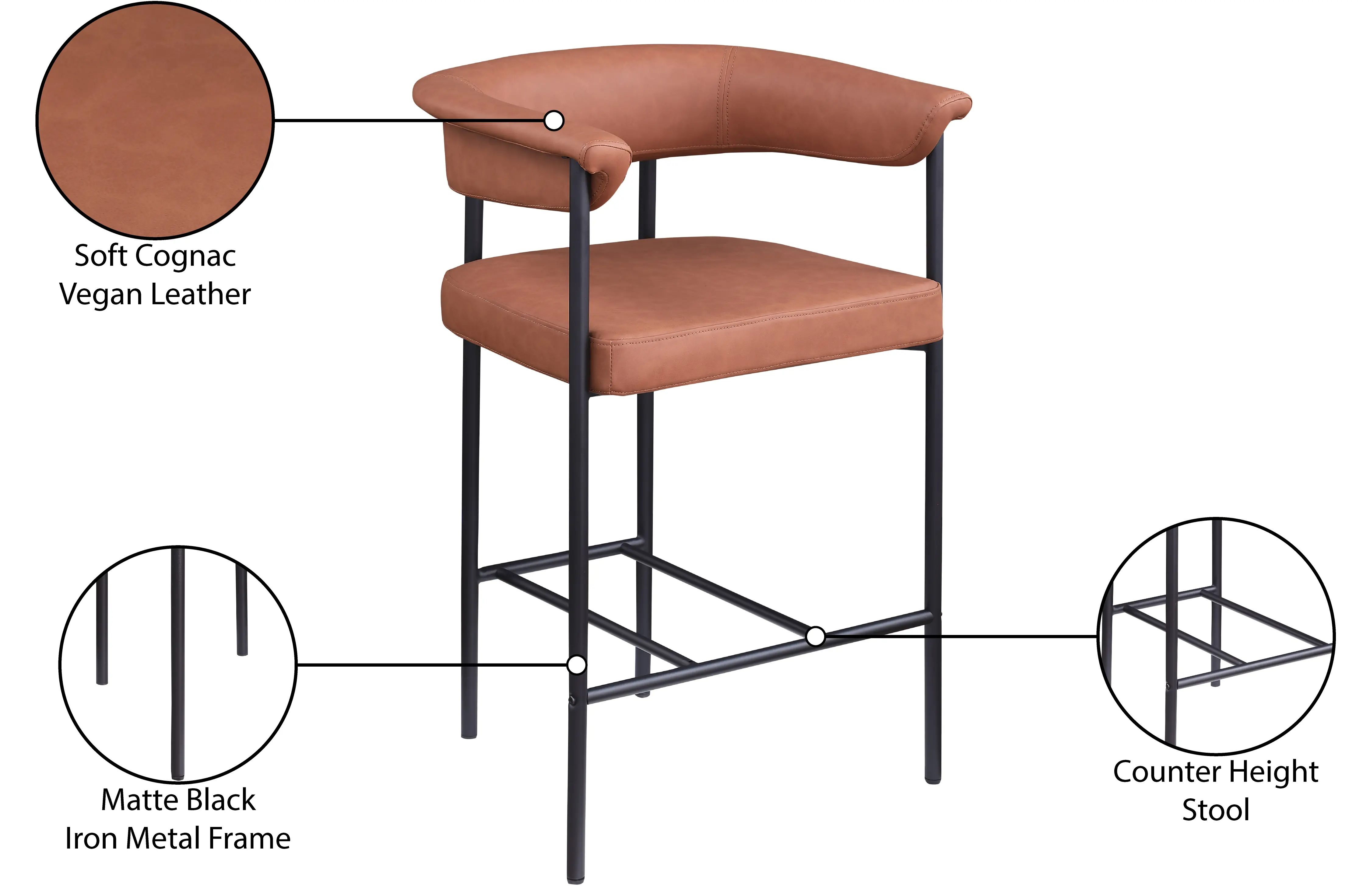 Malin Cognac Vegan Leather Upholstered Counter Stool, Set of 2-9