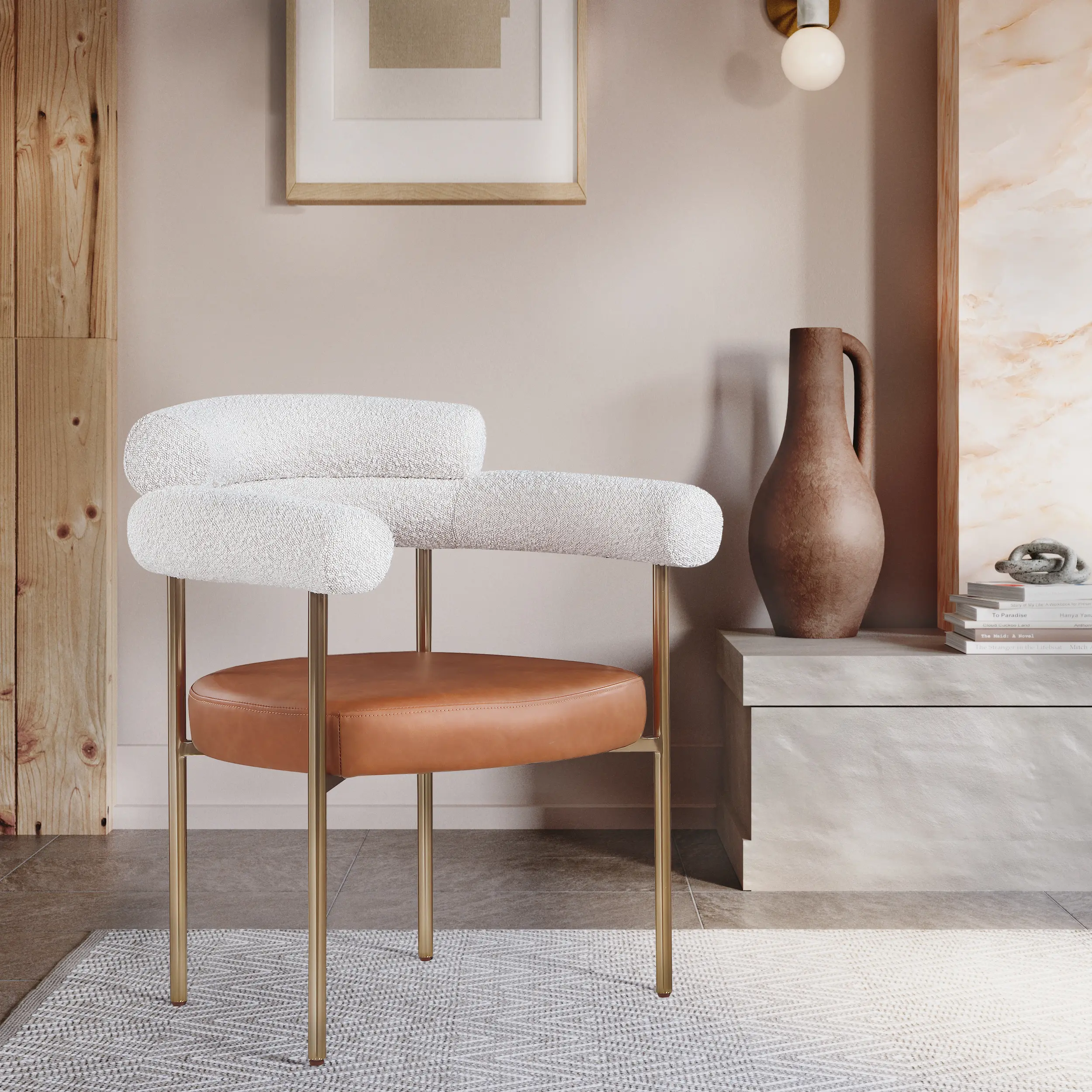 Blake Cream Boucle and Cognac Vegan Leather Dining Chair, Set of 2-2