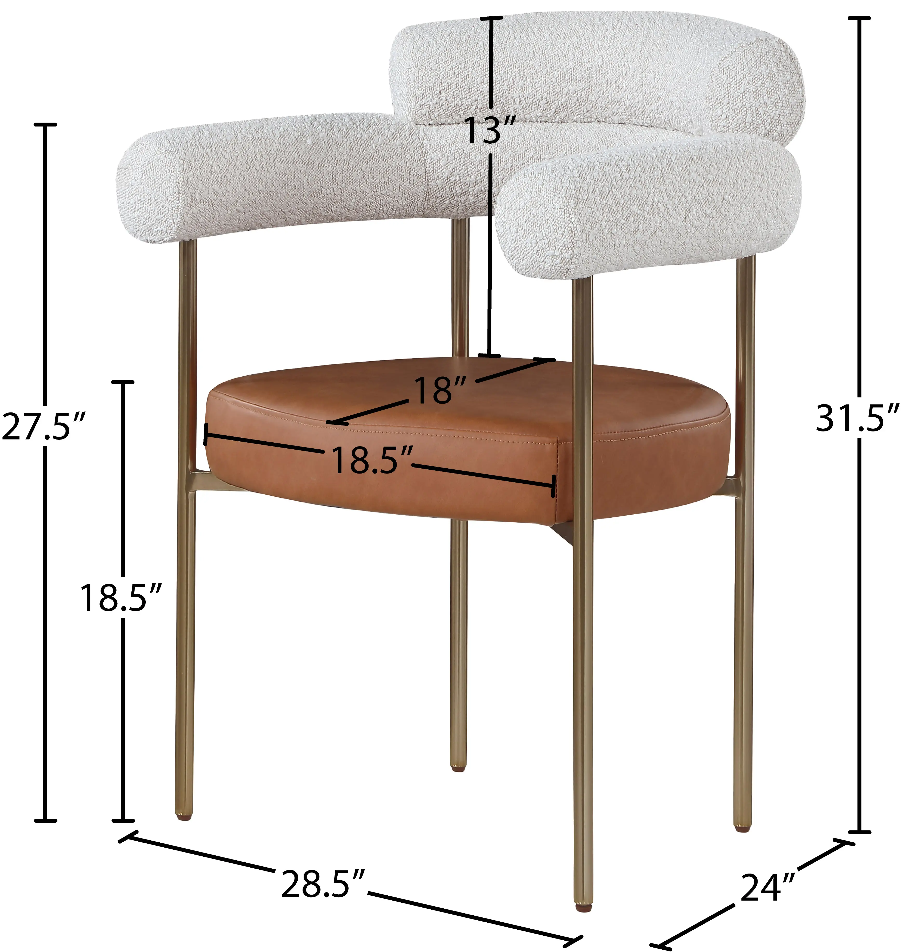 Blake Cream Boucle and Cognac Vegan Leather Dining Chair, Set of 2-3