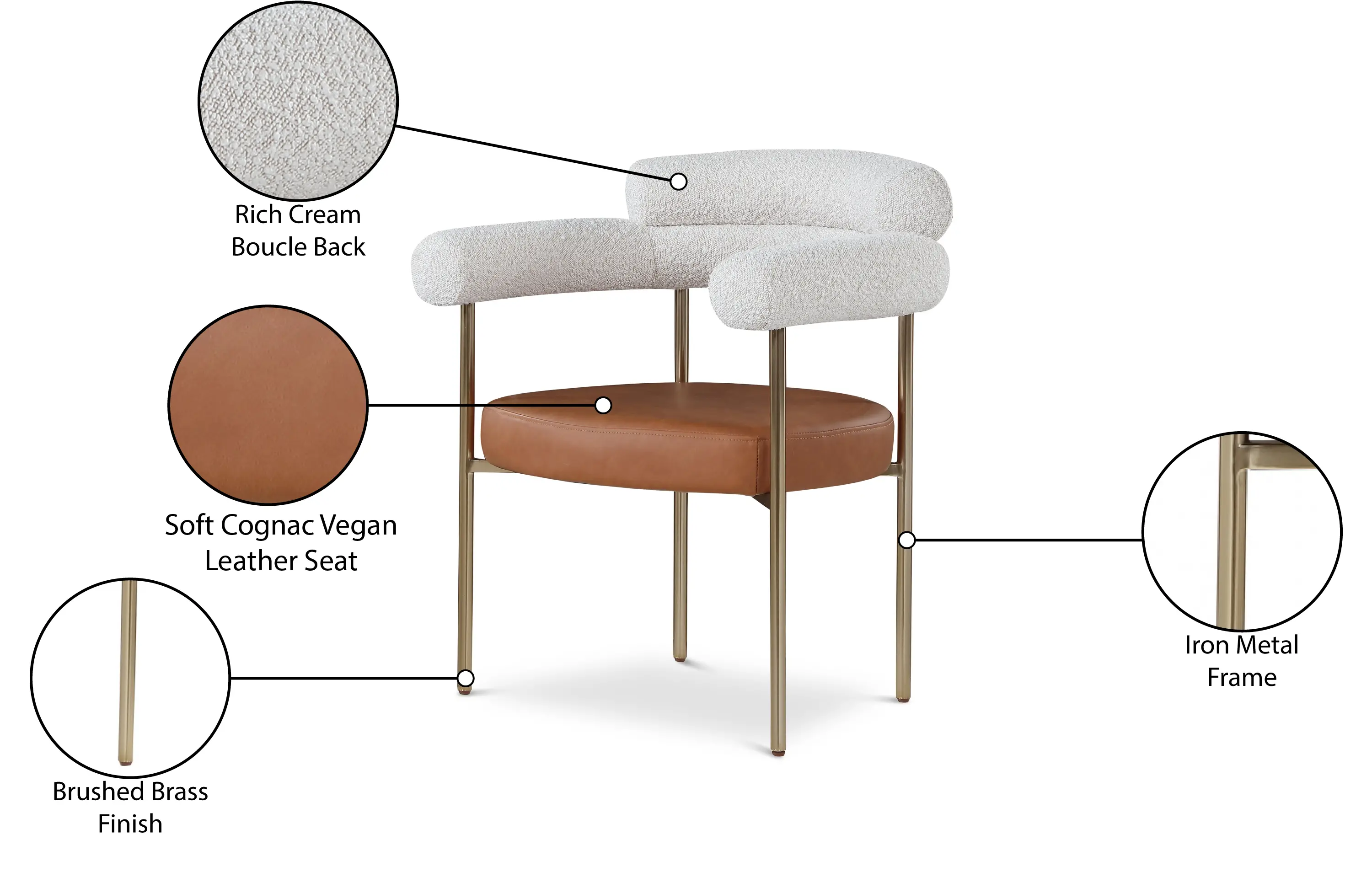 Blake Cream Boucle and Cognac Vegan Leather Dining Chair, Set of 2-8