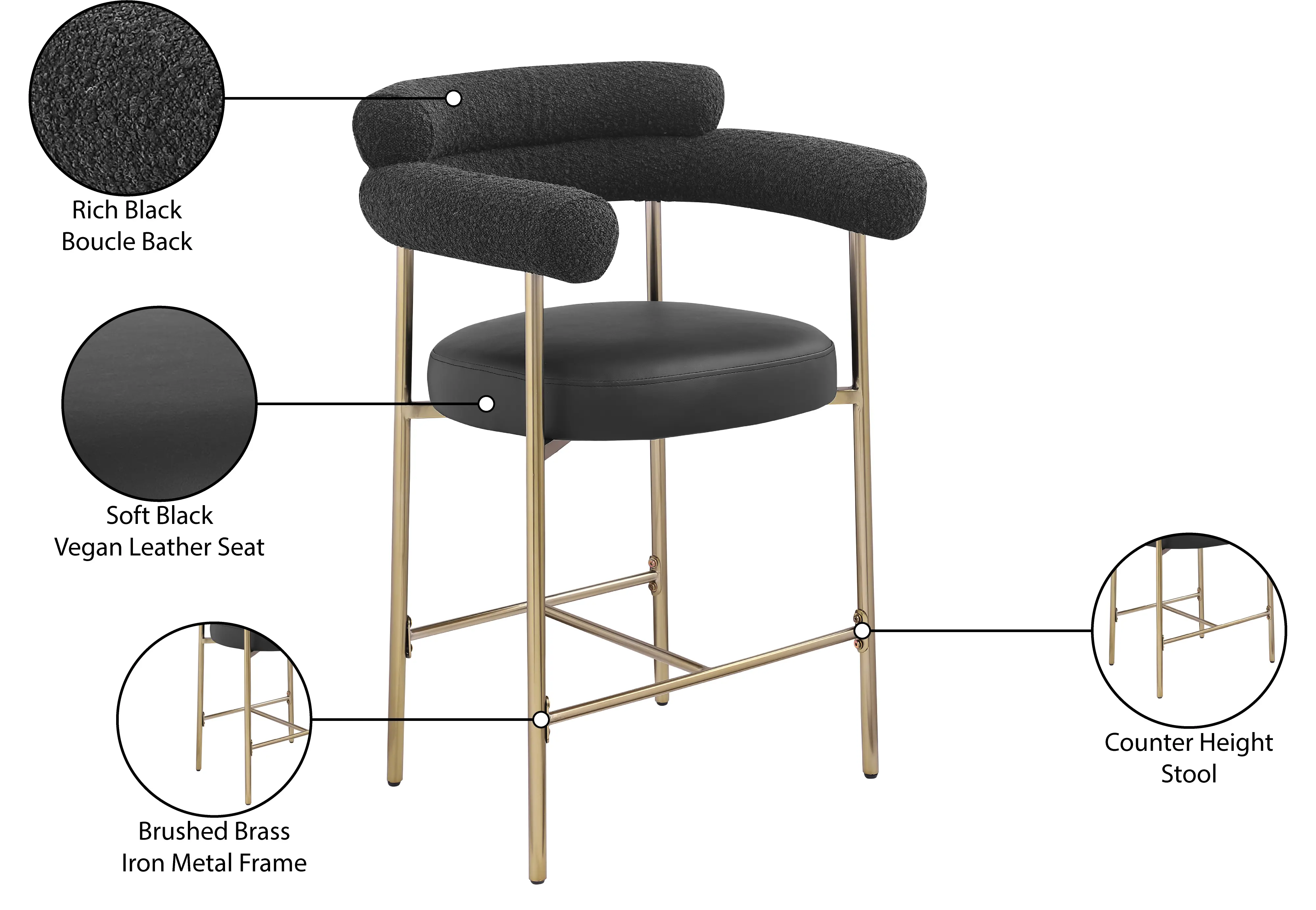Blake Black Boucle Vegan Leather Counter Stool, Set of 2-9
