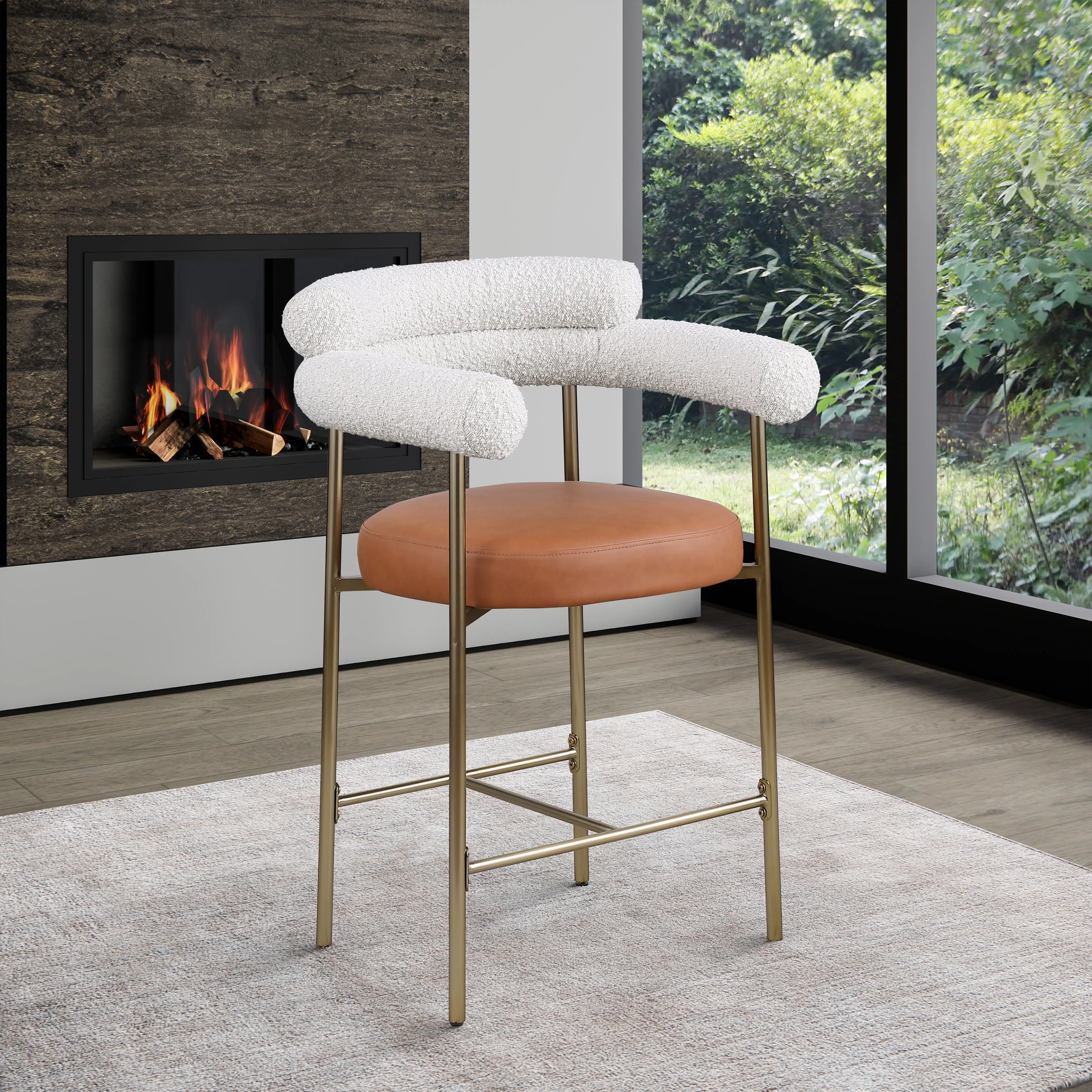 Blake Cream Boucle and Cognac Vegan Leather Counter Stool, Set of 2-2