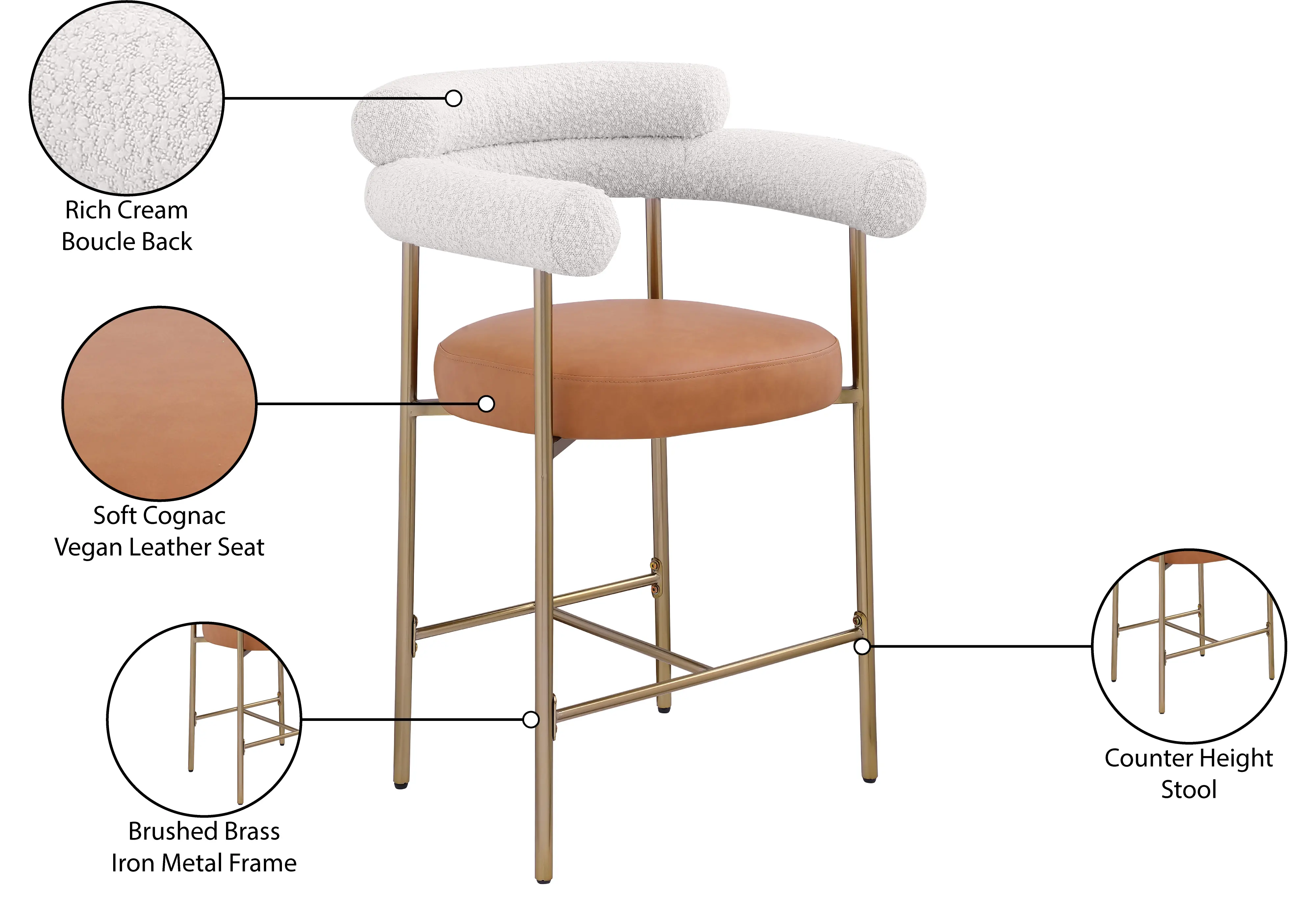 Blake Cream Boucle and Cognac Vegan Leather Counter Stool, Set of 2-9