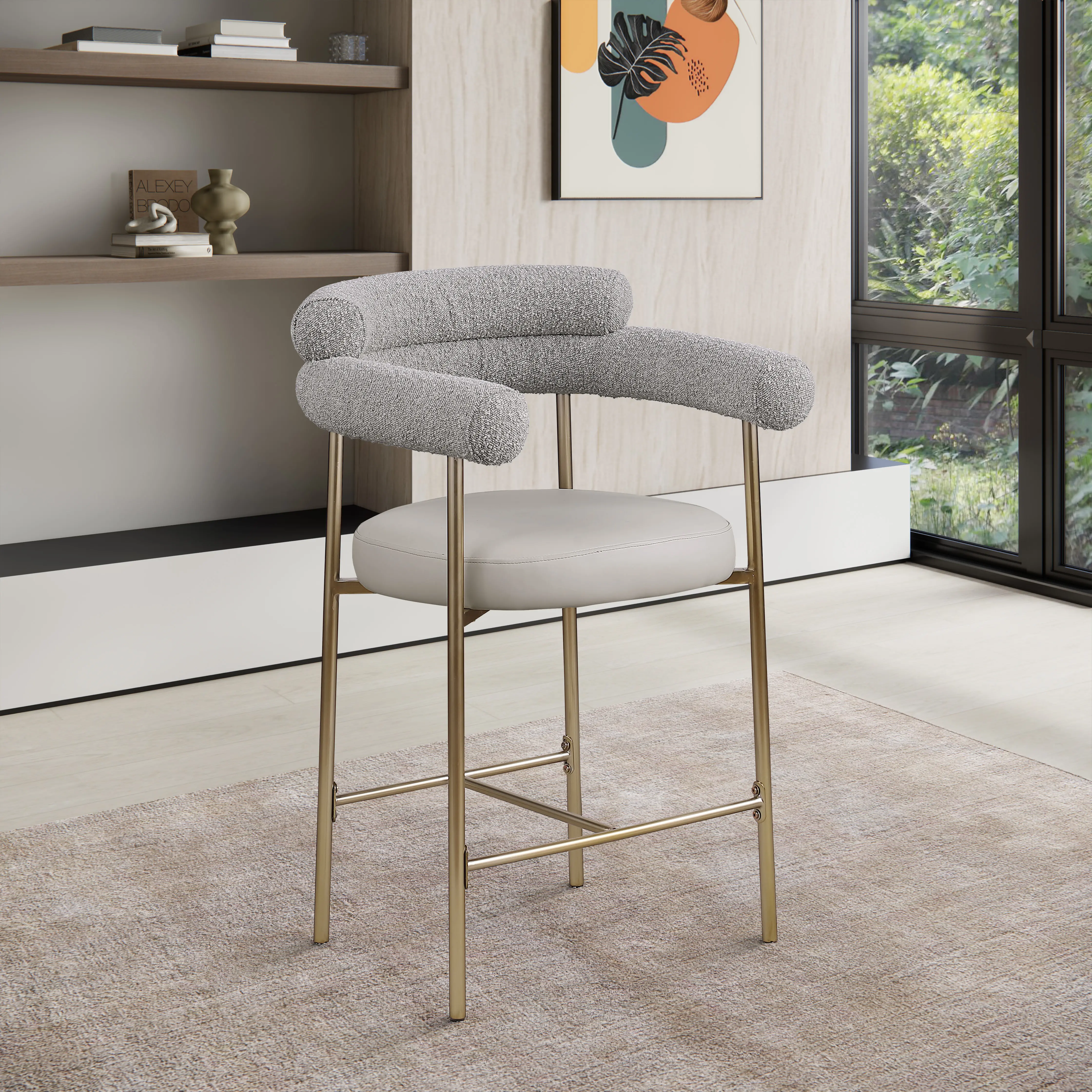 Blake Taupe Boucle and Vegan Leather Counter Stool, Set of 2-2