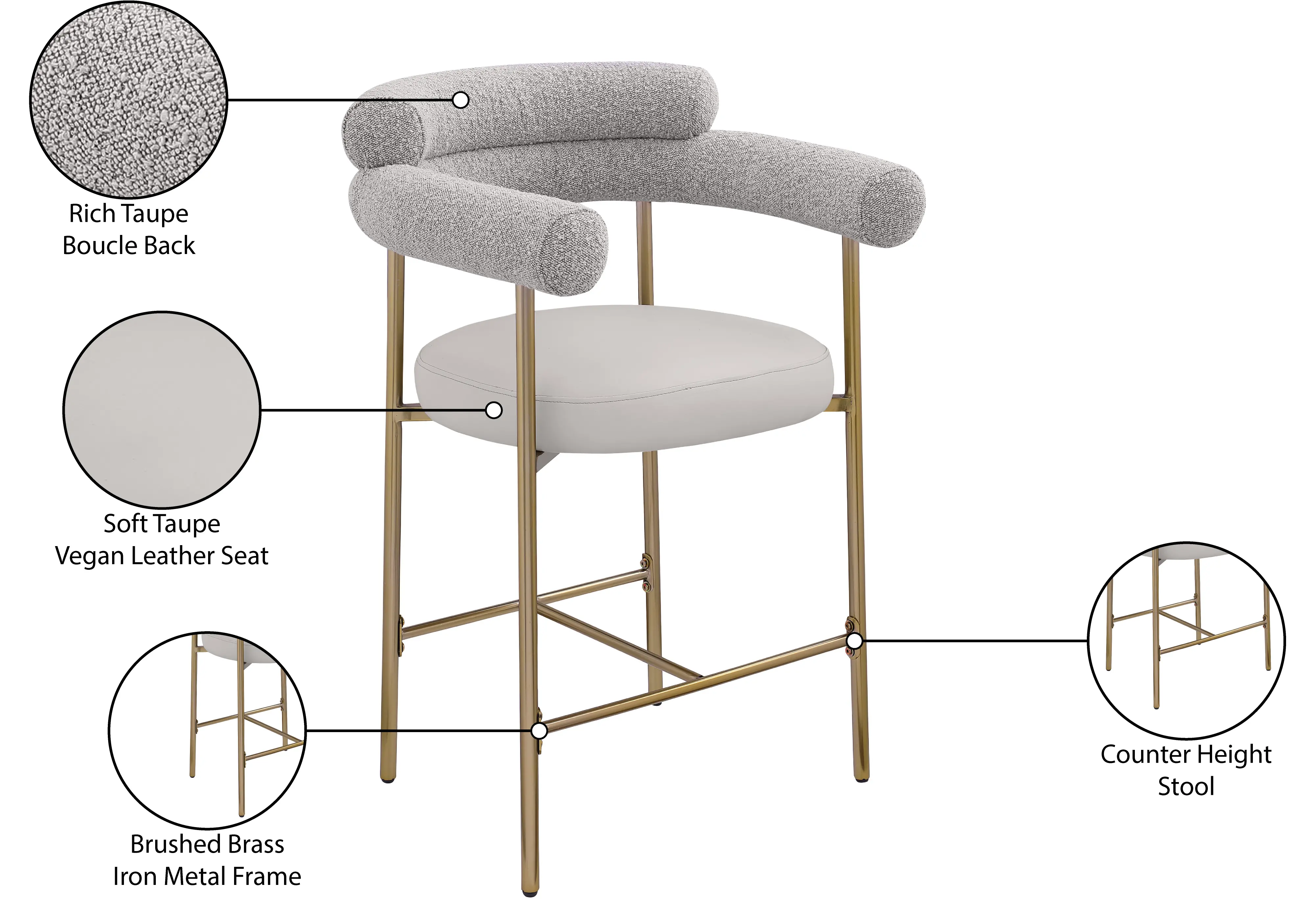 Blake Taupe Boucle and Vegan Leather Counter Stool, Set of 2-9