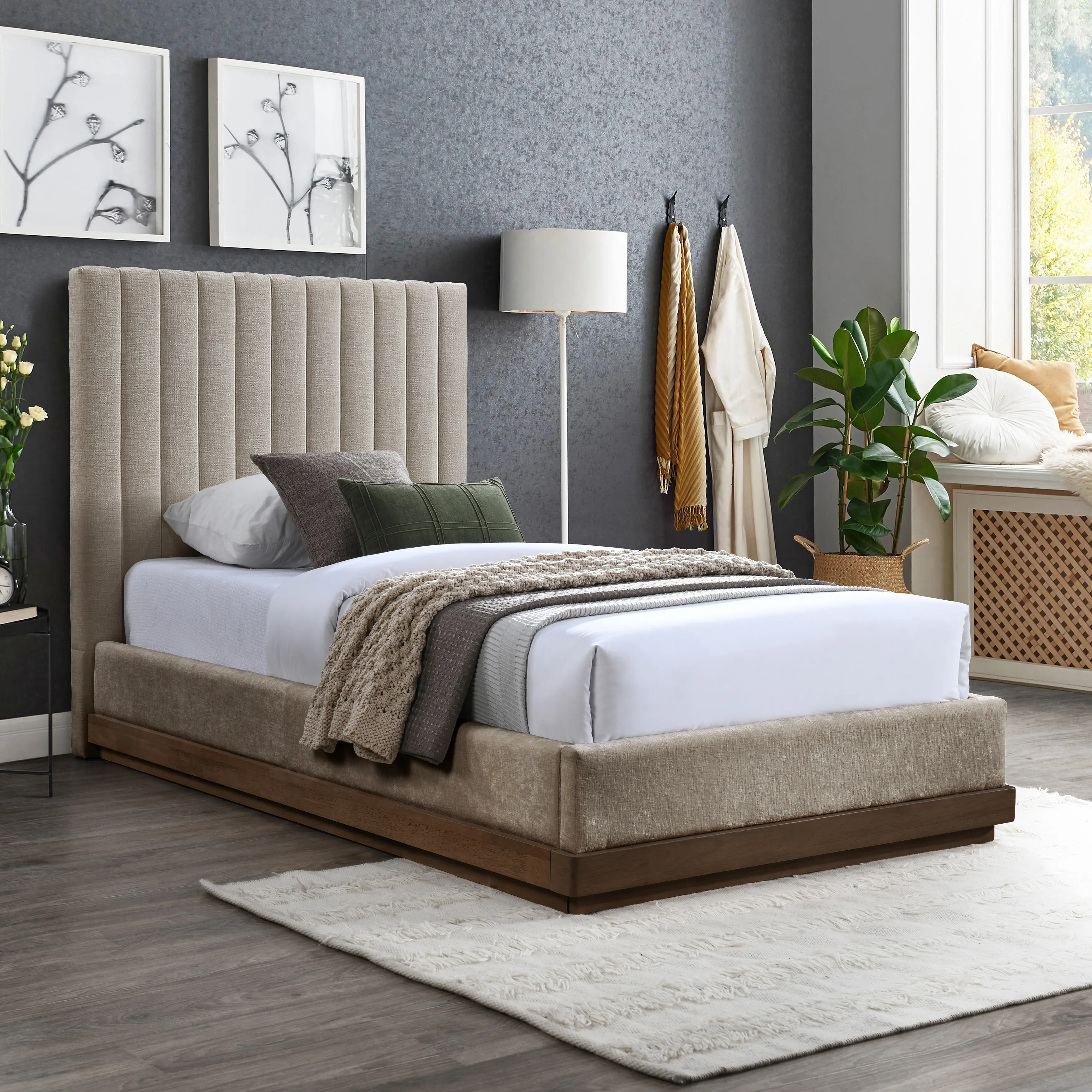 Emmet Beige Chenille Upholstered Twin Bed-2