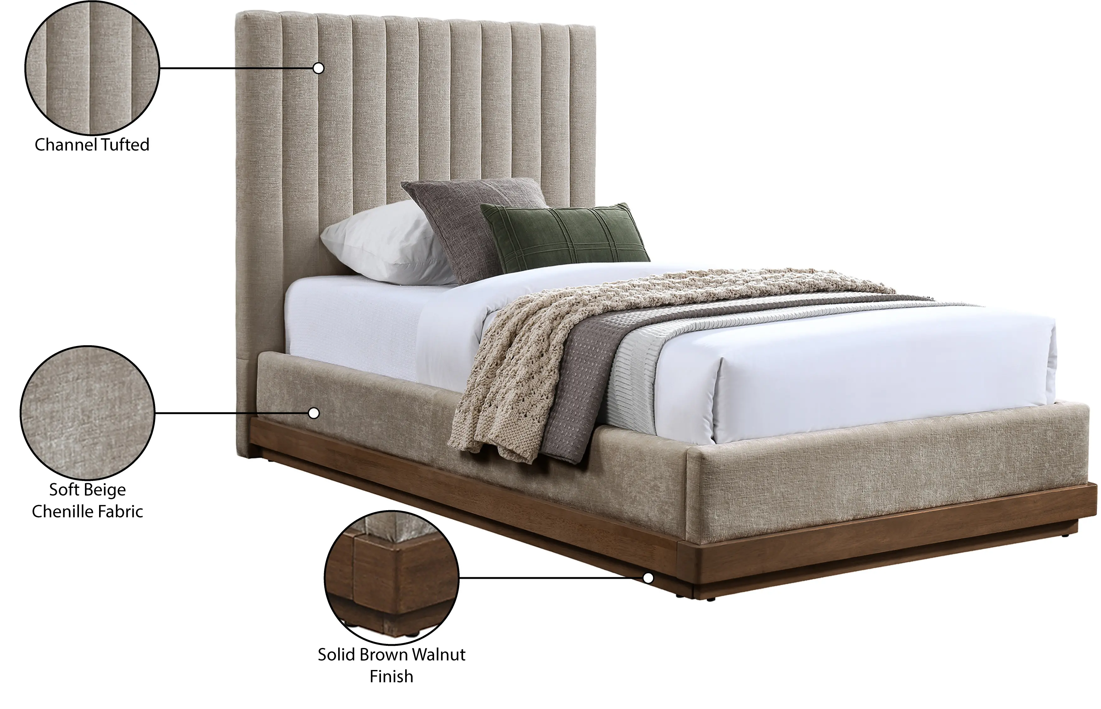 Emmet Beige Chenille Upholstered Twin Bed-5