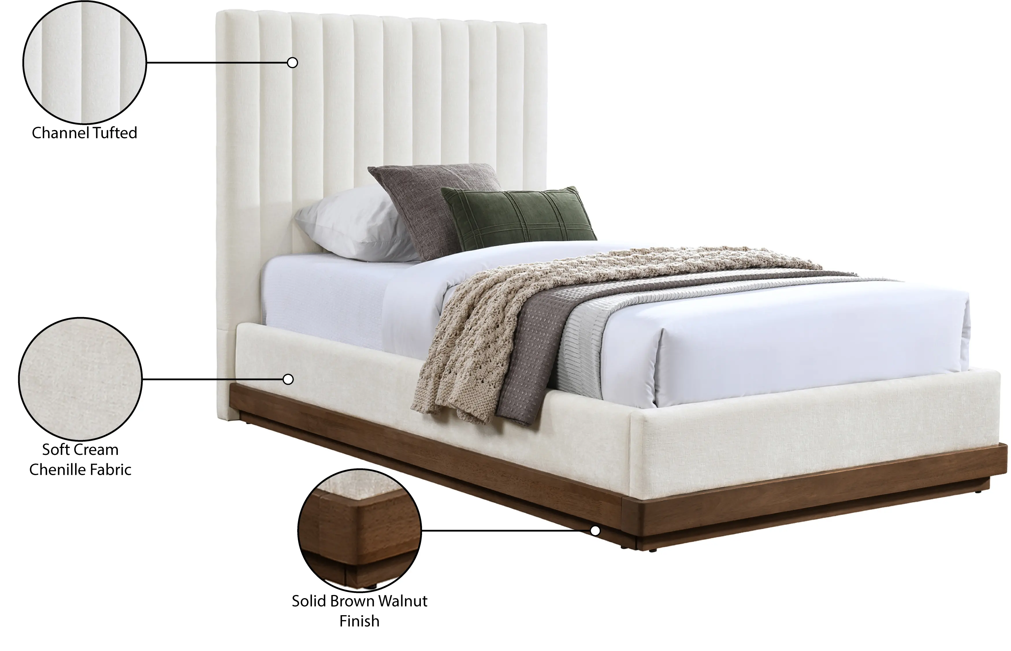 Emmet Cream Chenille Upholstered Twin Bed-5