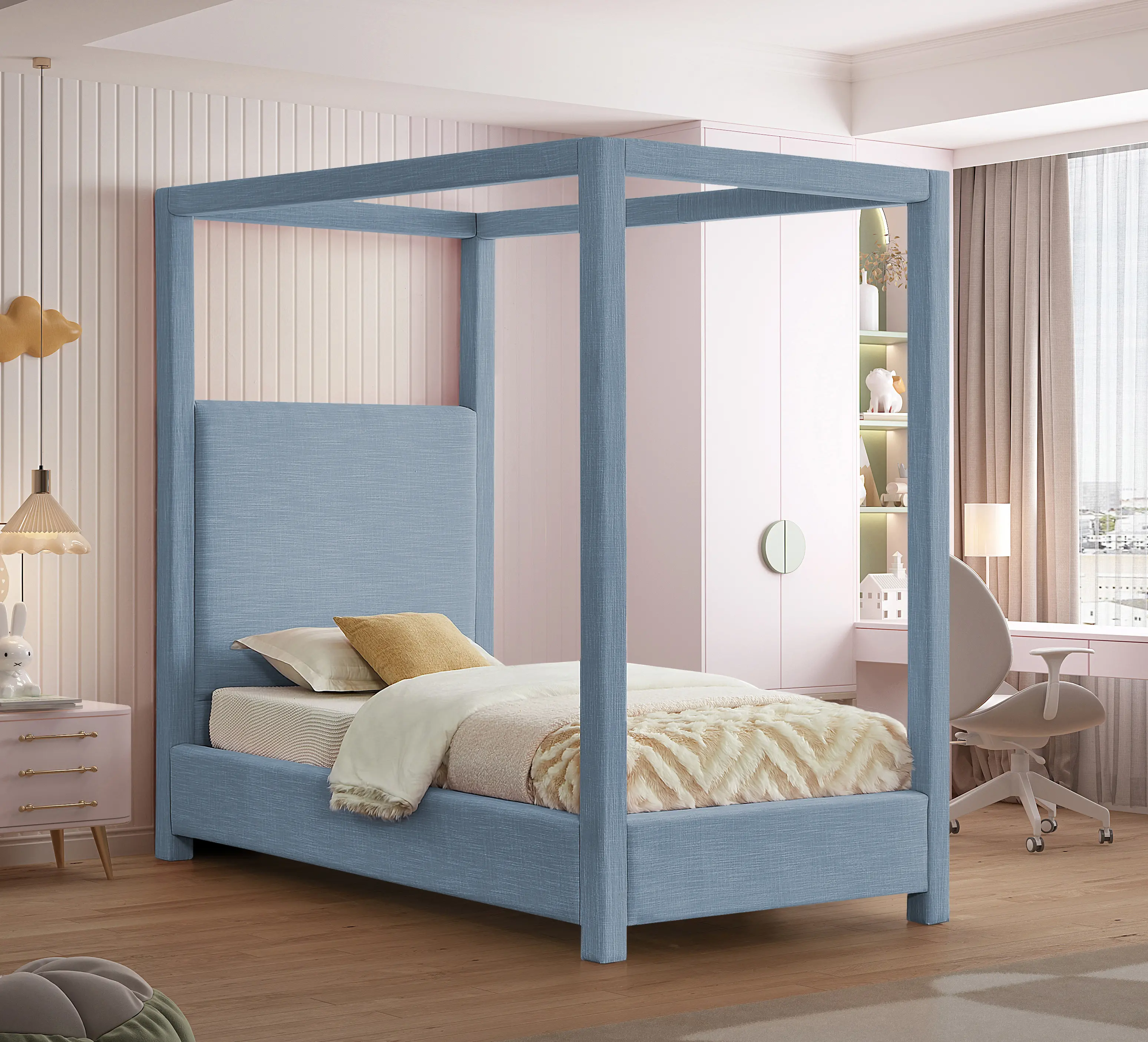Emerson Sky Blue Textured Linen Twin Canopy Bed-2