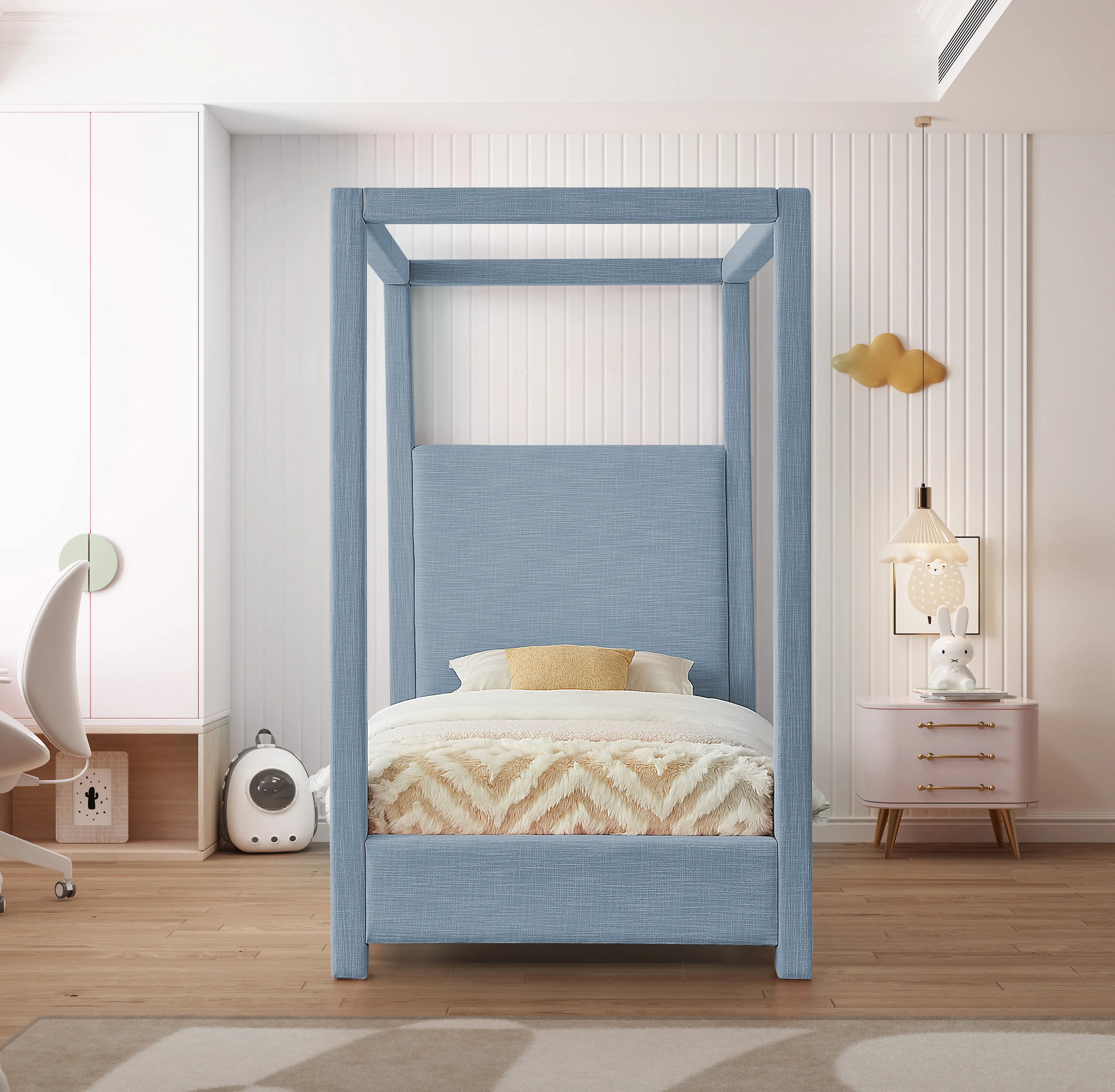 Emerson Sky Blue Textured Linen Twin Canopy Bed-3