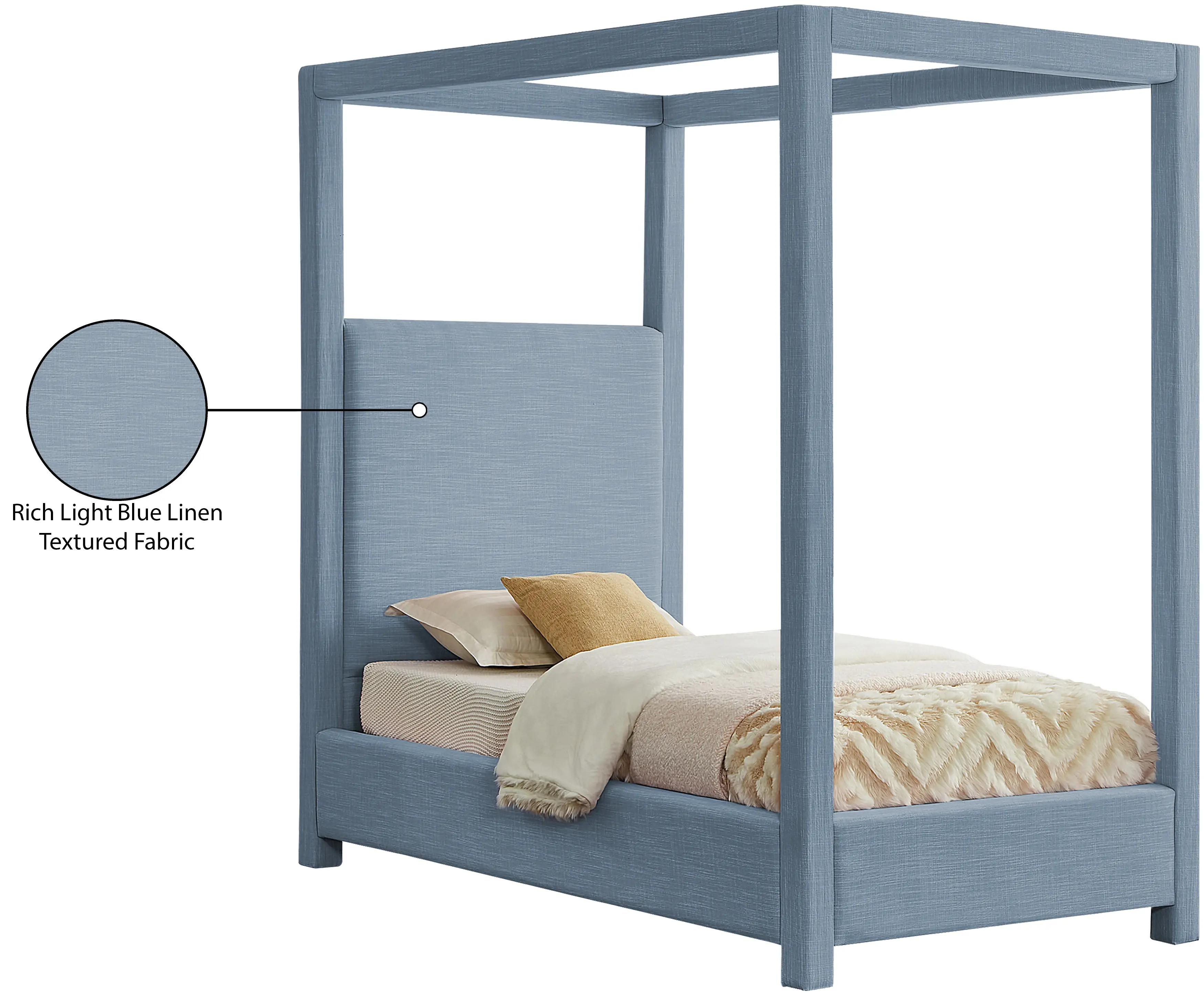 Emerson Sky Blue Textured Linen Twin Canopy Bed-7