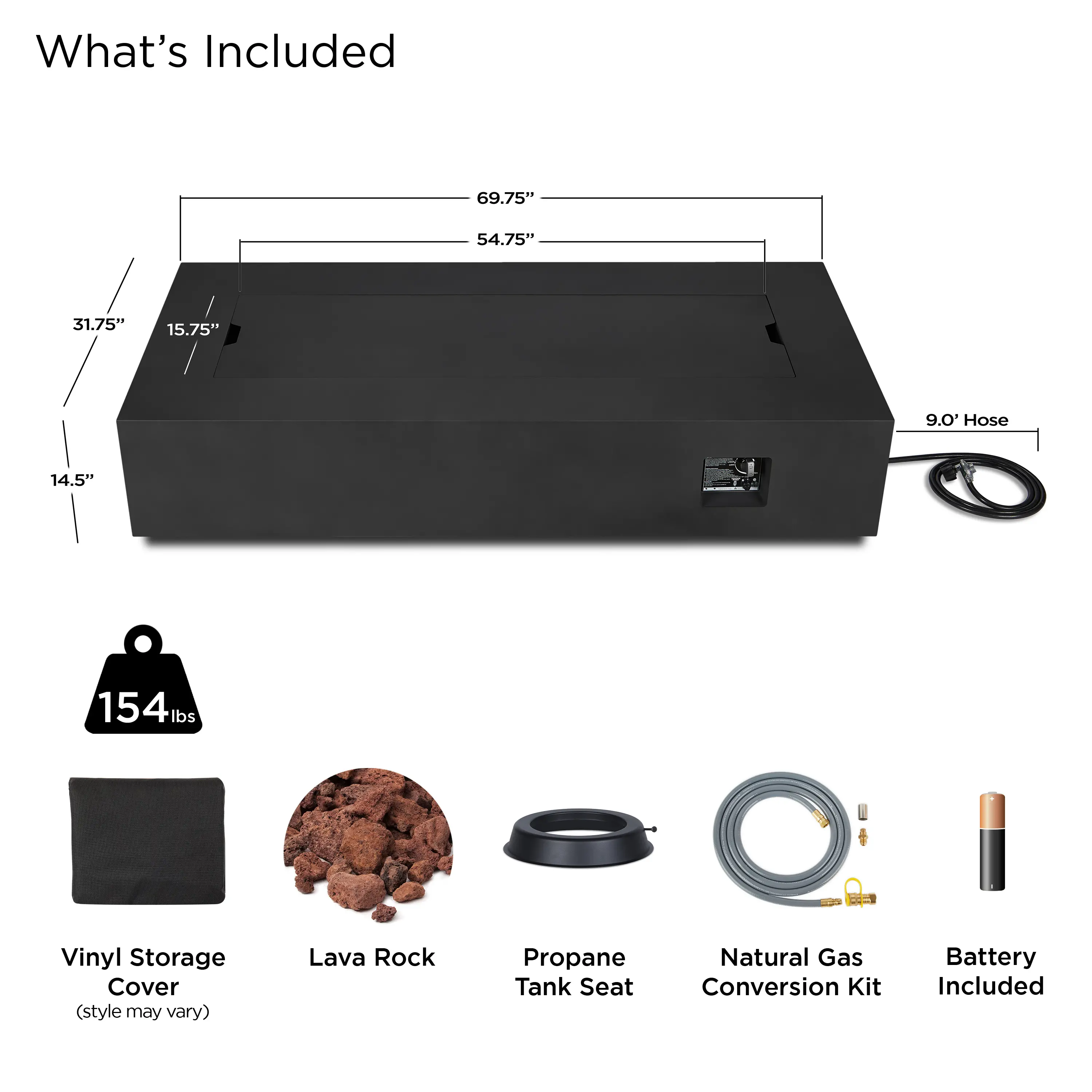 C9814LP-BLK Aegean 70 Rectangle Gas Fire Pit Table in Black-9