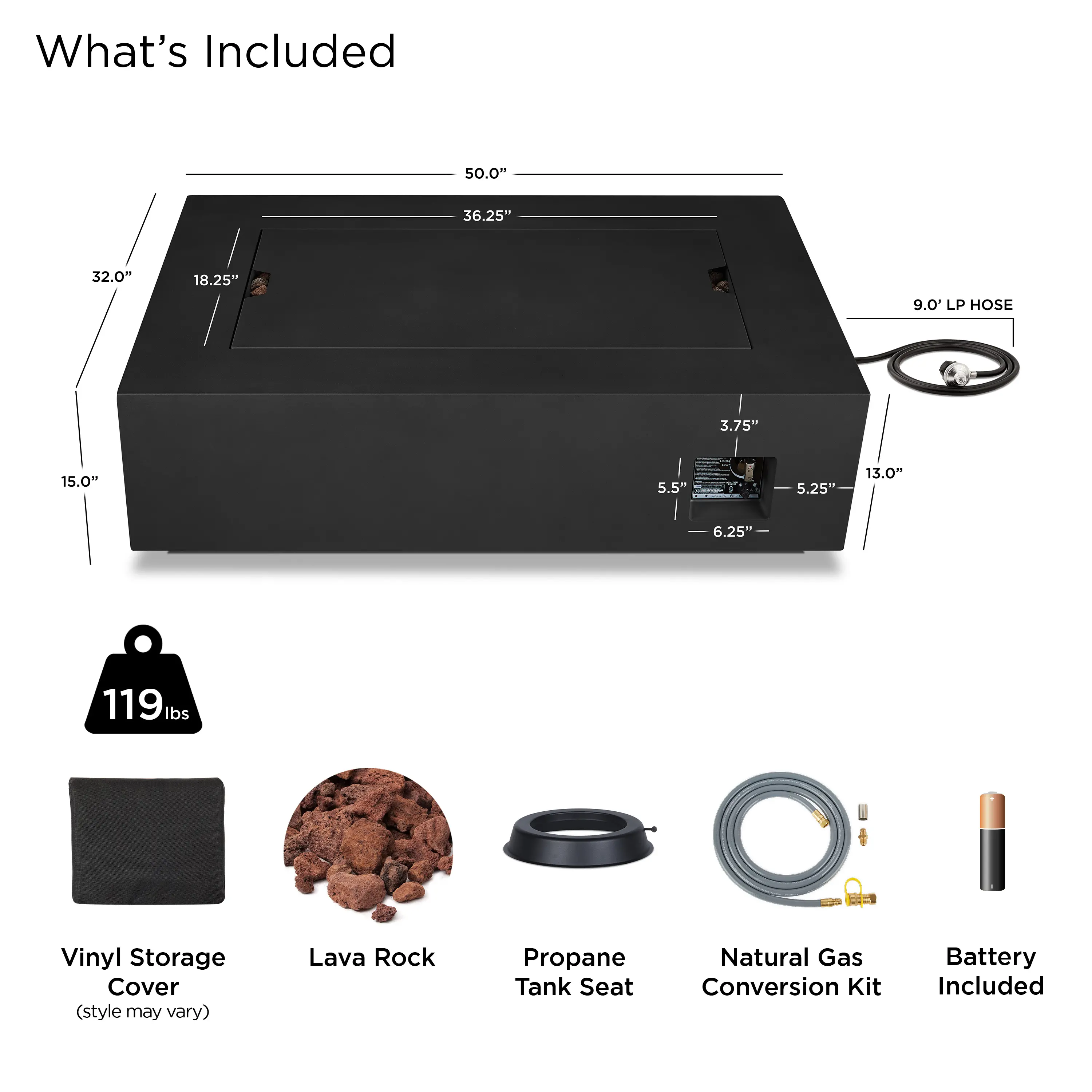 C9813LP-BLK Aegean 50 Rectangle Gas Fire Pit Table in Black-9