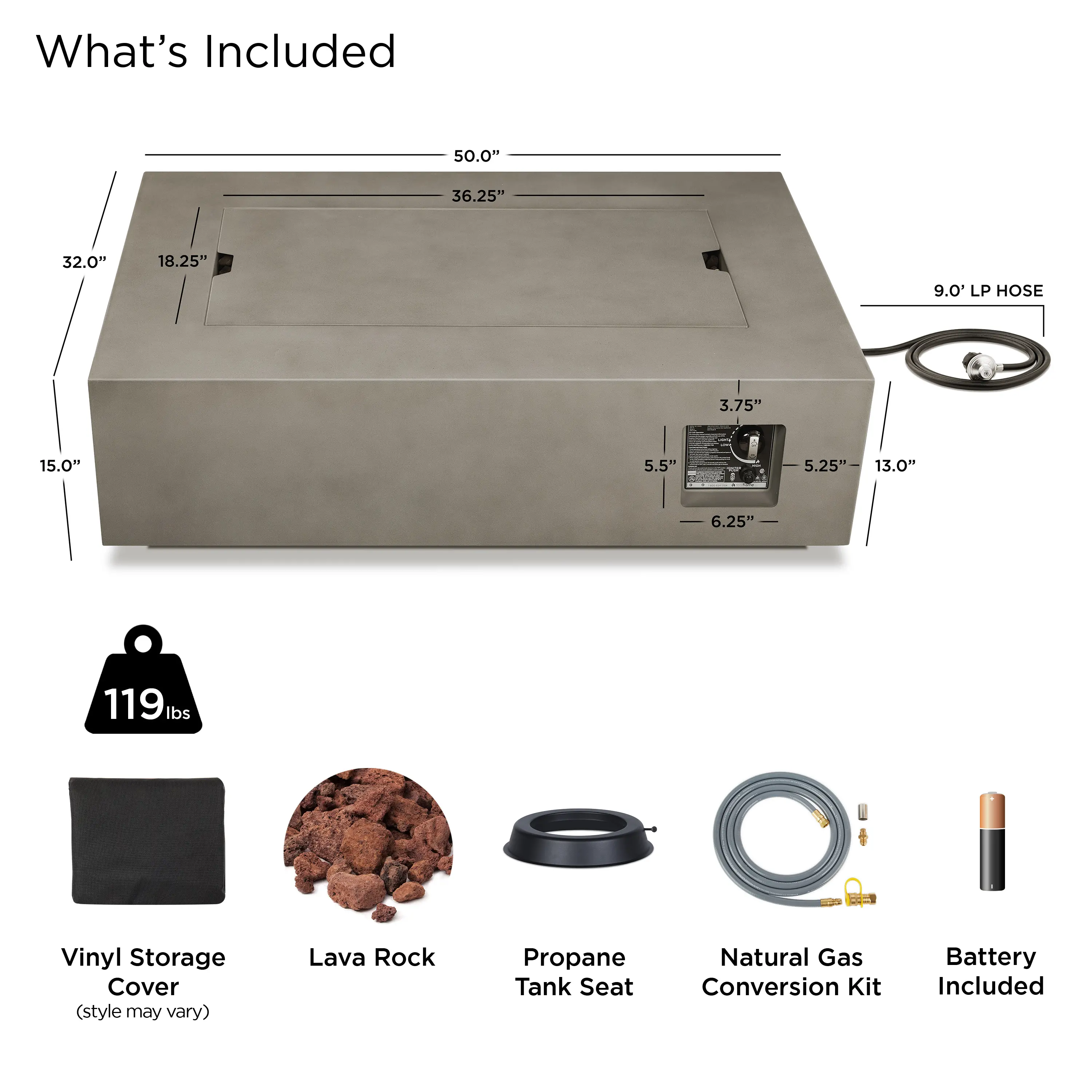 C9813LP-MGRY Aegean Mist Gray 50 Rectangle Gas Fire Pit Table-9