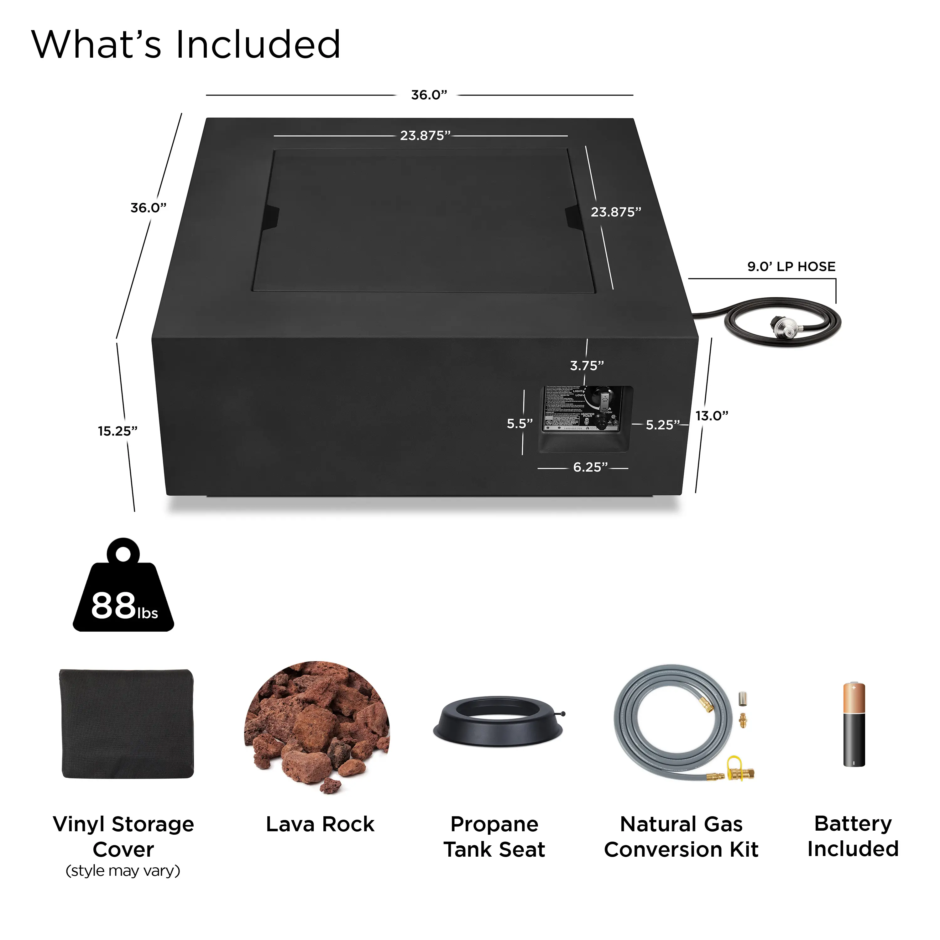 C9812LP-BLK Aegean 36 Square Steel Gas Fire Pit Table in Black-10