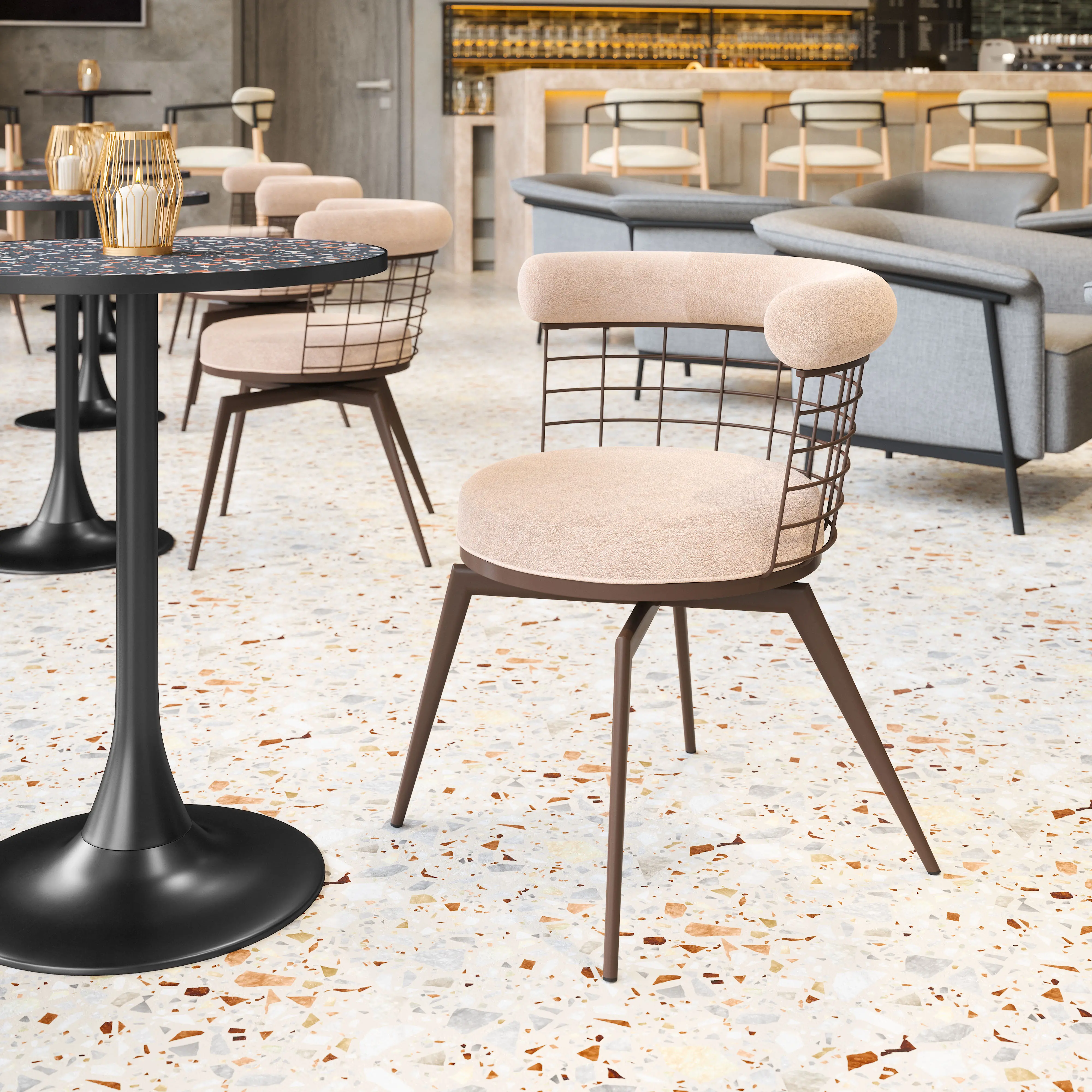 Saku Beige & Brown Swivel Dining Chair-2