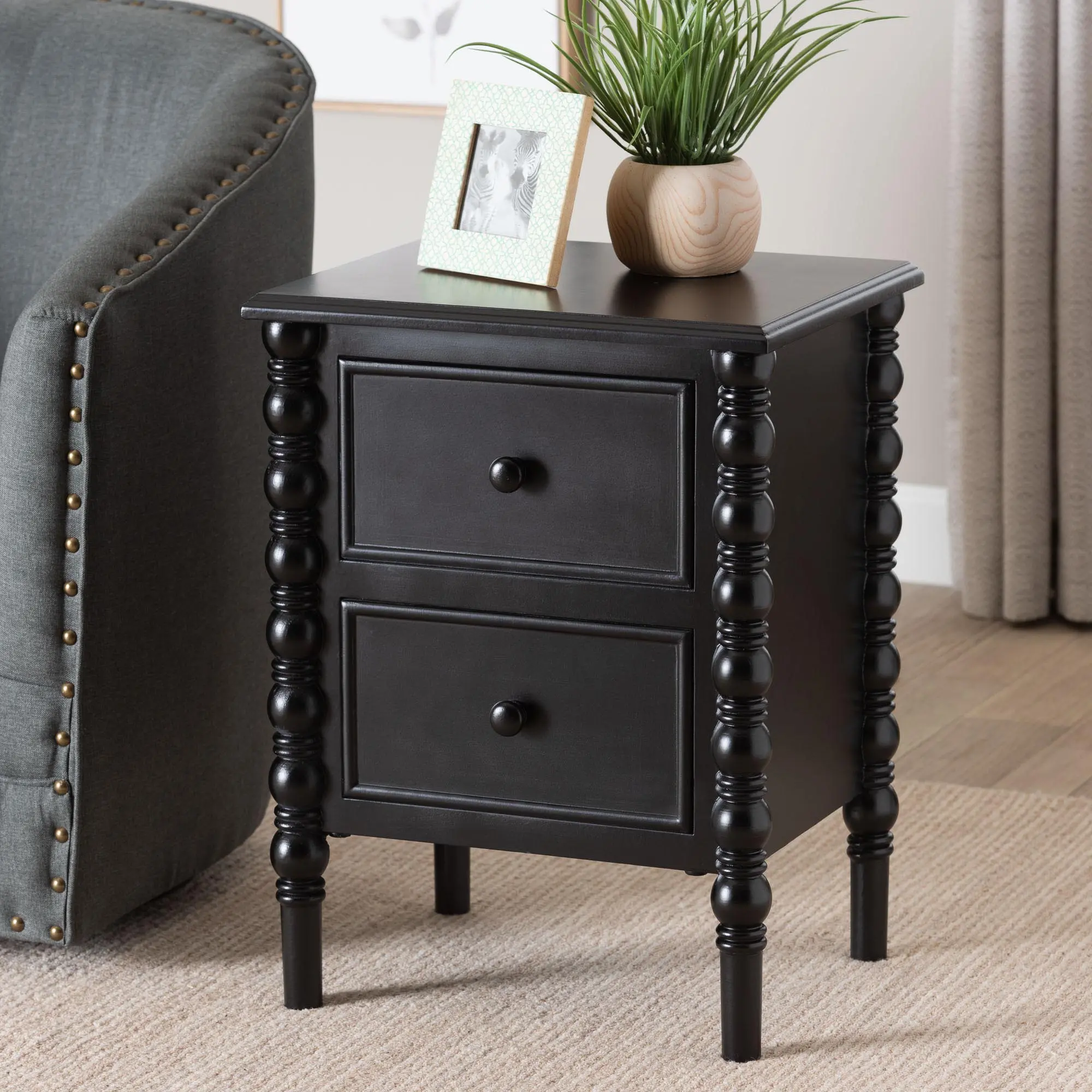 253-14065-RCW Milena Classic Black Wood 2-Drawer End Table with Spindle Legs-1
