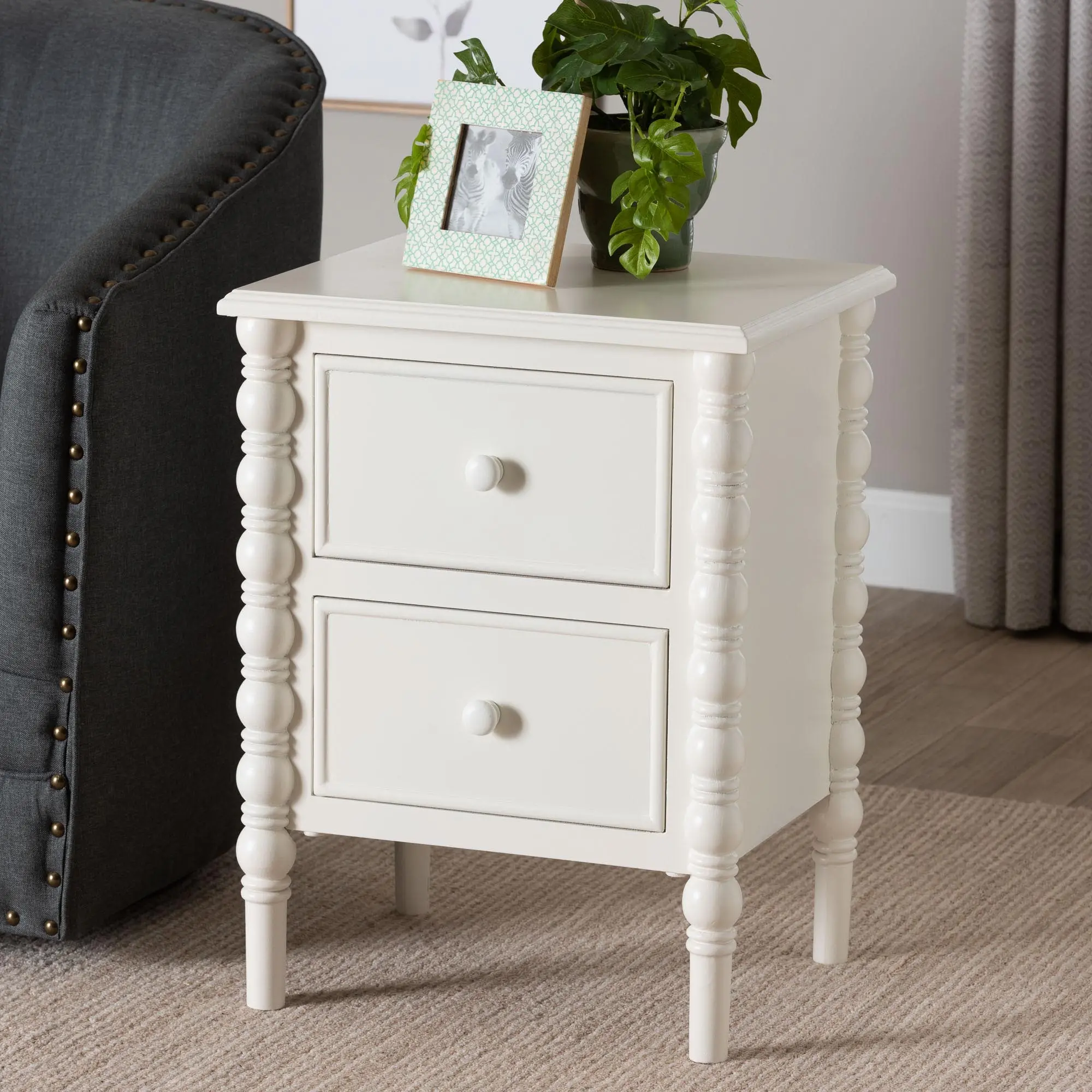 253-14064-RCW Milena Classic White Wood 2-Drawer End Table with Spindle Legs-2