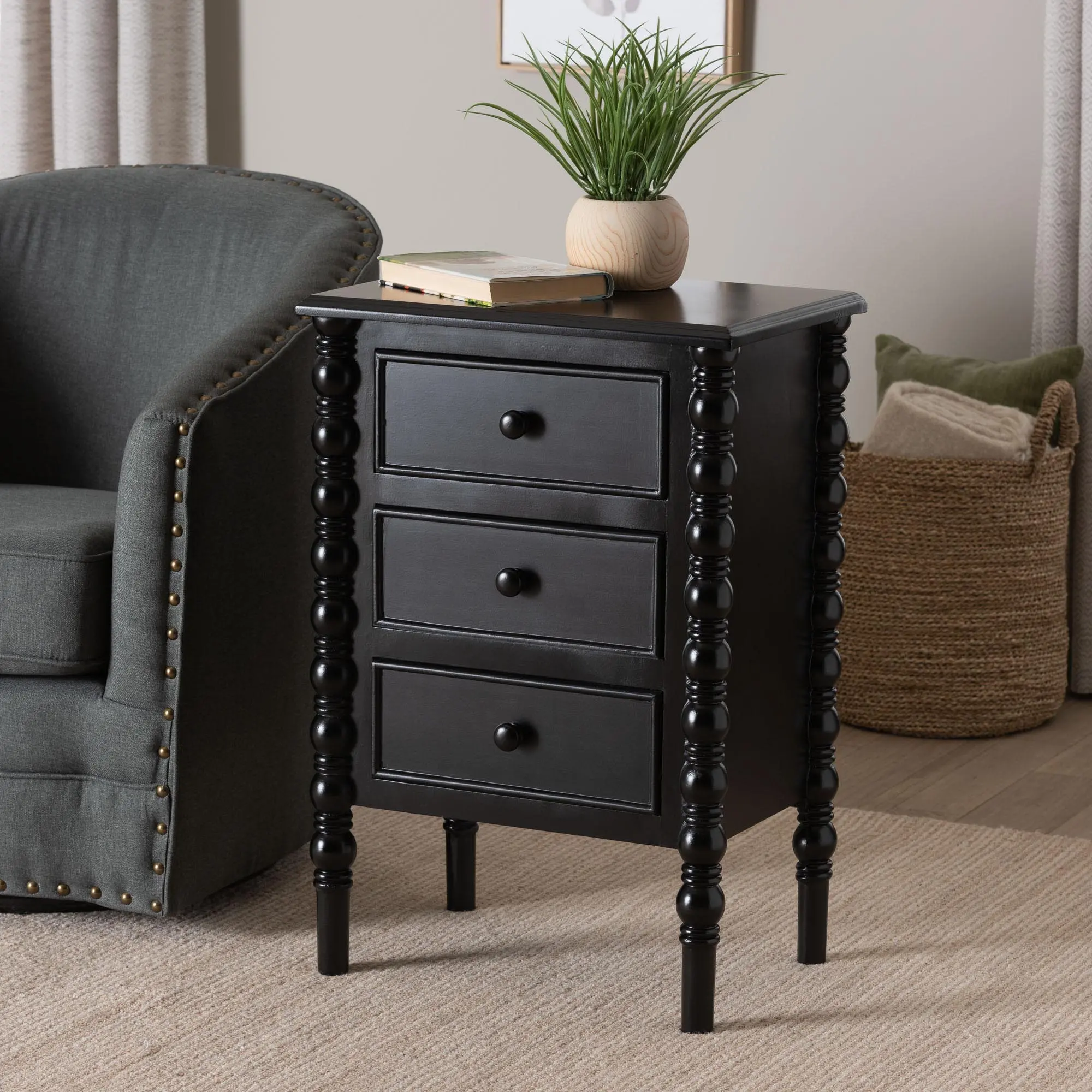 253-14067-RCW Milena Classic Black Wood 3-Drawer End Table with Spindle Legs-2
