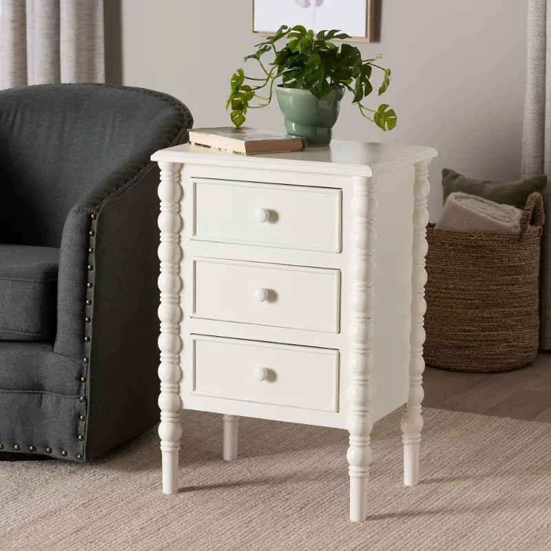 Milena Classic White Wood 3-Drawer End Table with Spindle Legs