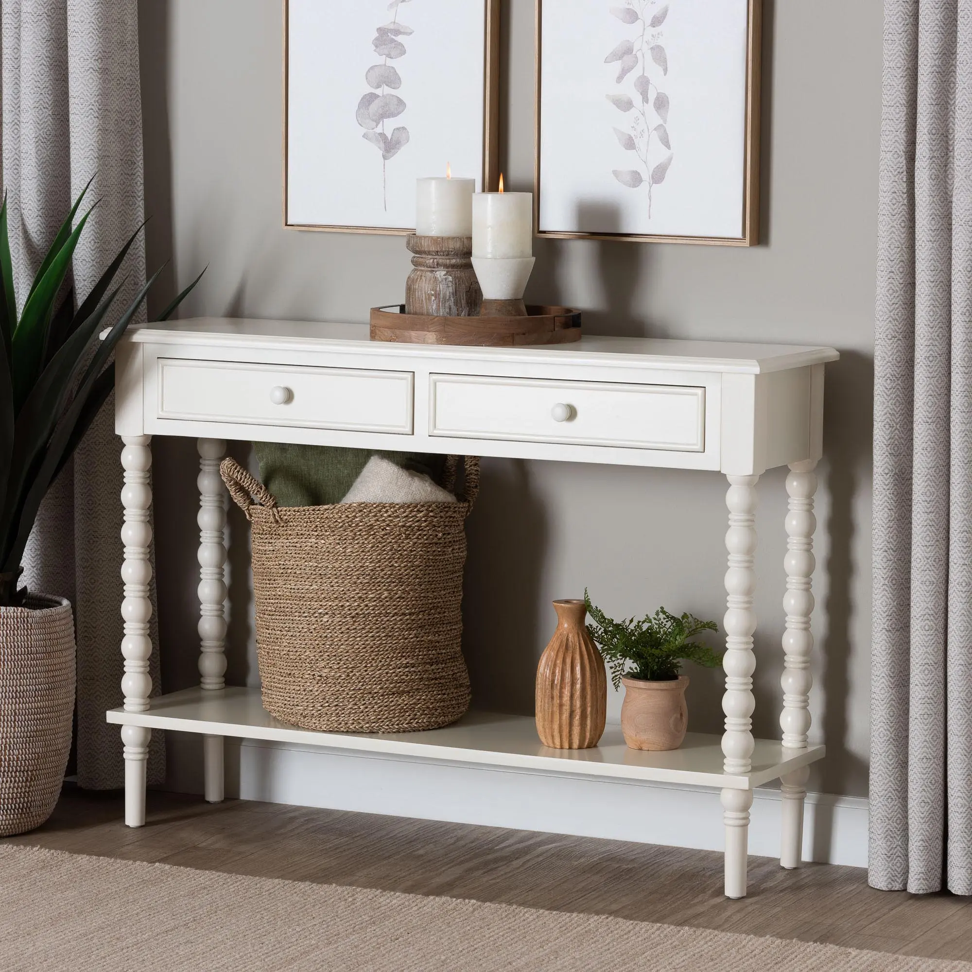 253-14068-RCW Milena Classic White Wood Console Table with Spindle Legs-1