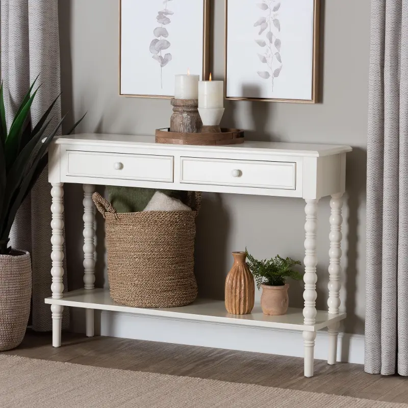 Milena Classic White Wood Console Table with Spindle Legs