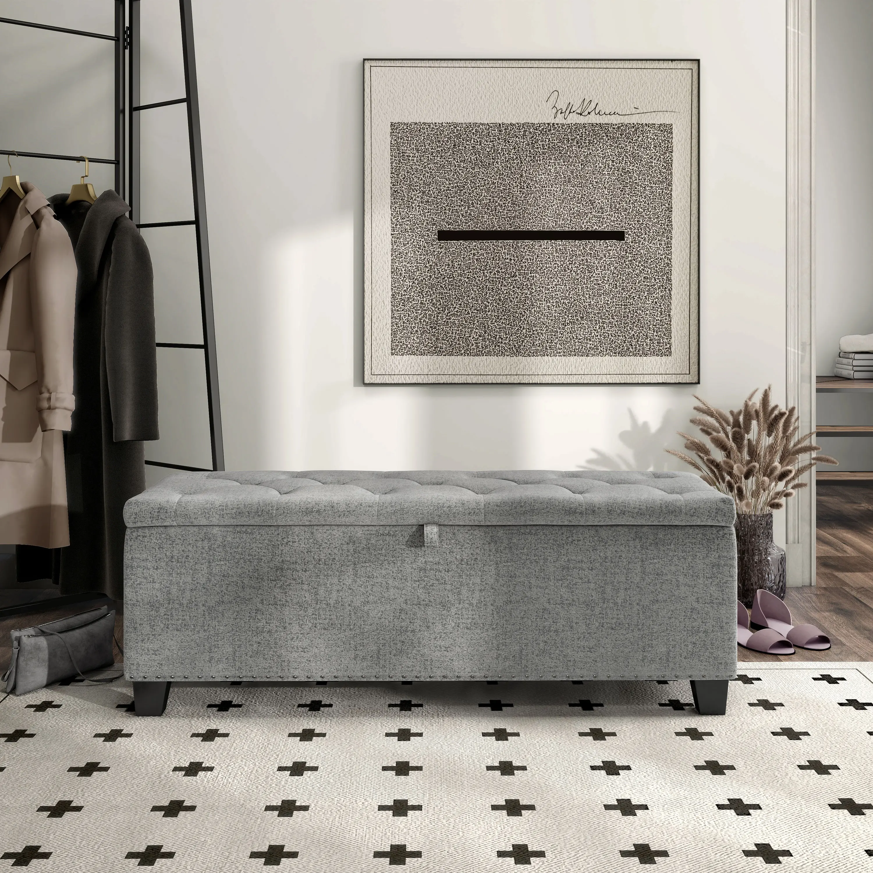 EC-BN2402GY Cole Gray Upholstered Linen Storage Bench-2