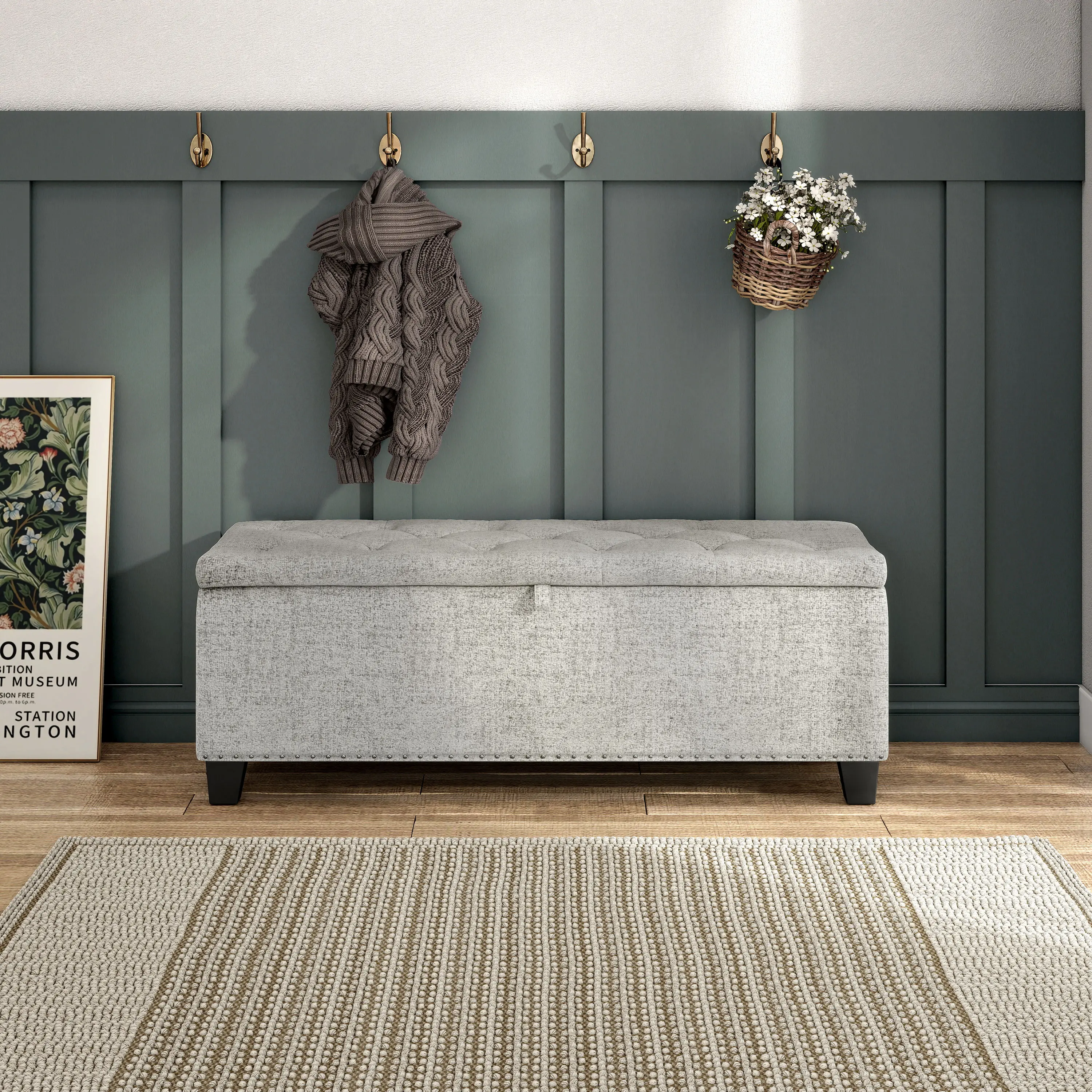EC-BN2402IV Cole Off White Upholstered Linen Storage Bench-2