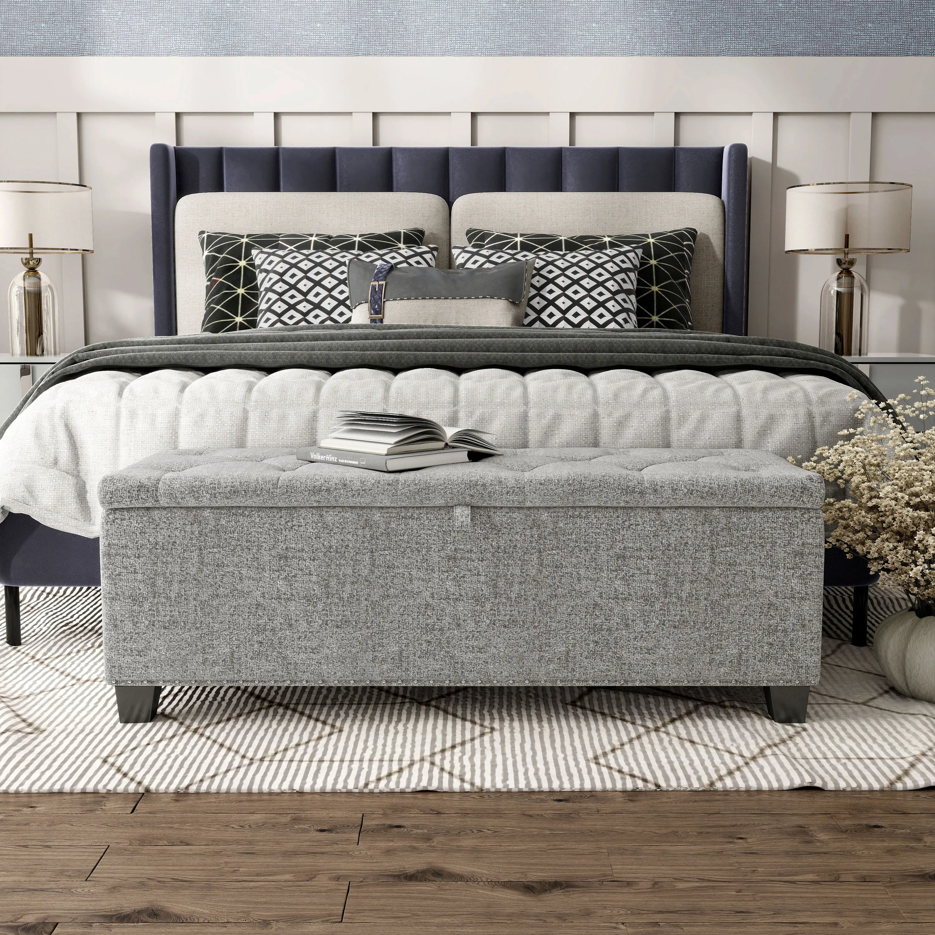 EC-BN2402LG Cole Light Gray Upholstered Linen Storage Bench-2