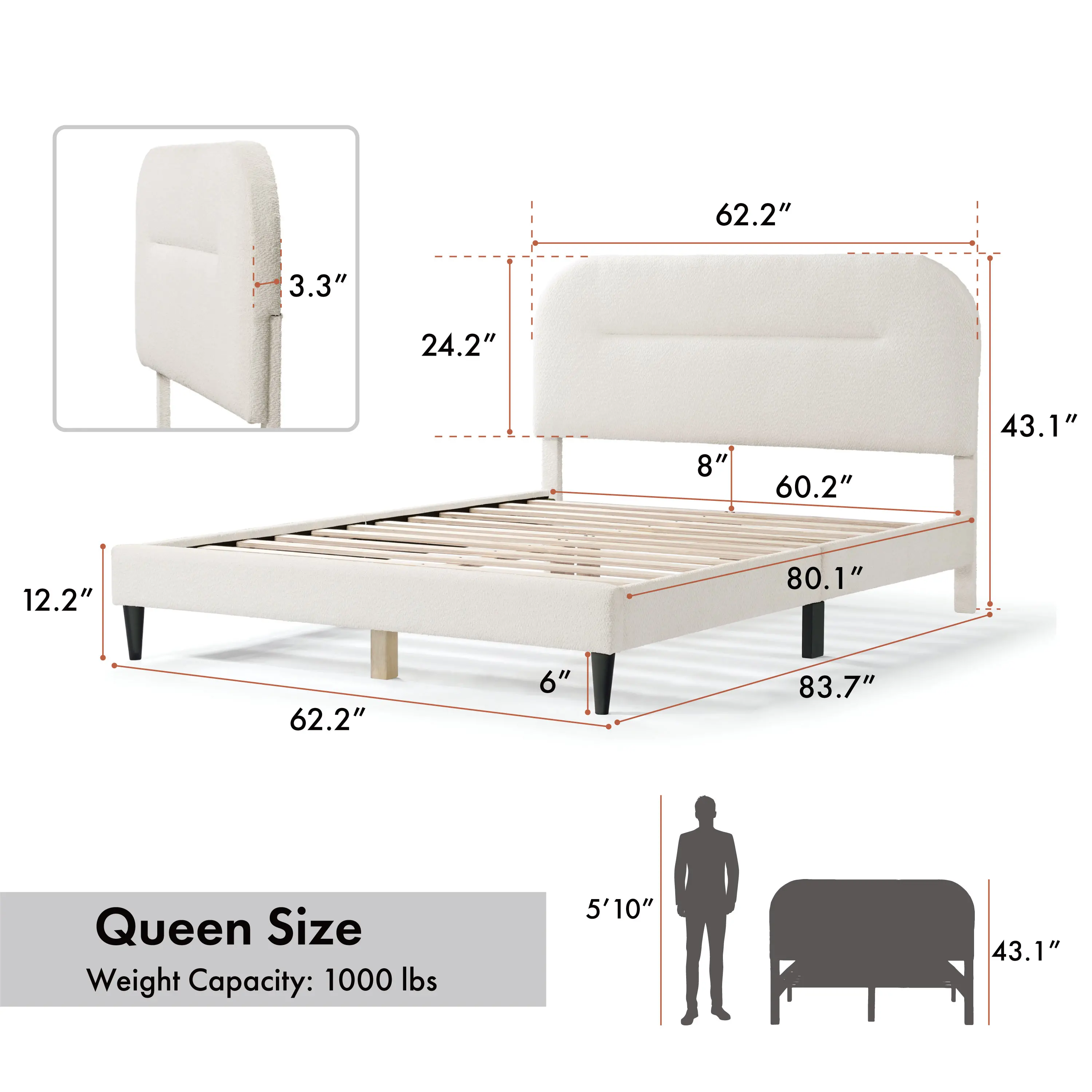 005L-7002WH-Q Gail White Boucle Queen Platform Bed with Rounded Headboard-12
