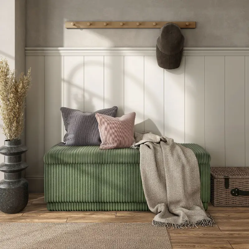 Elyndra Green Chenille Rectangular Storage Bench