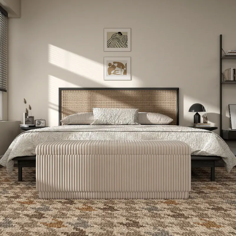 Elyndra Beige Pink Chenille Rectangular Storage Bench