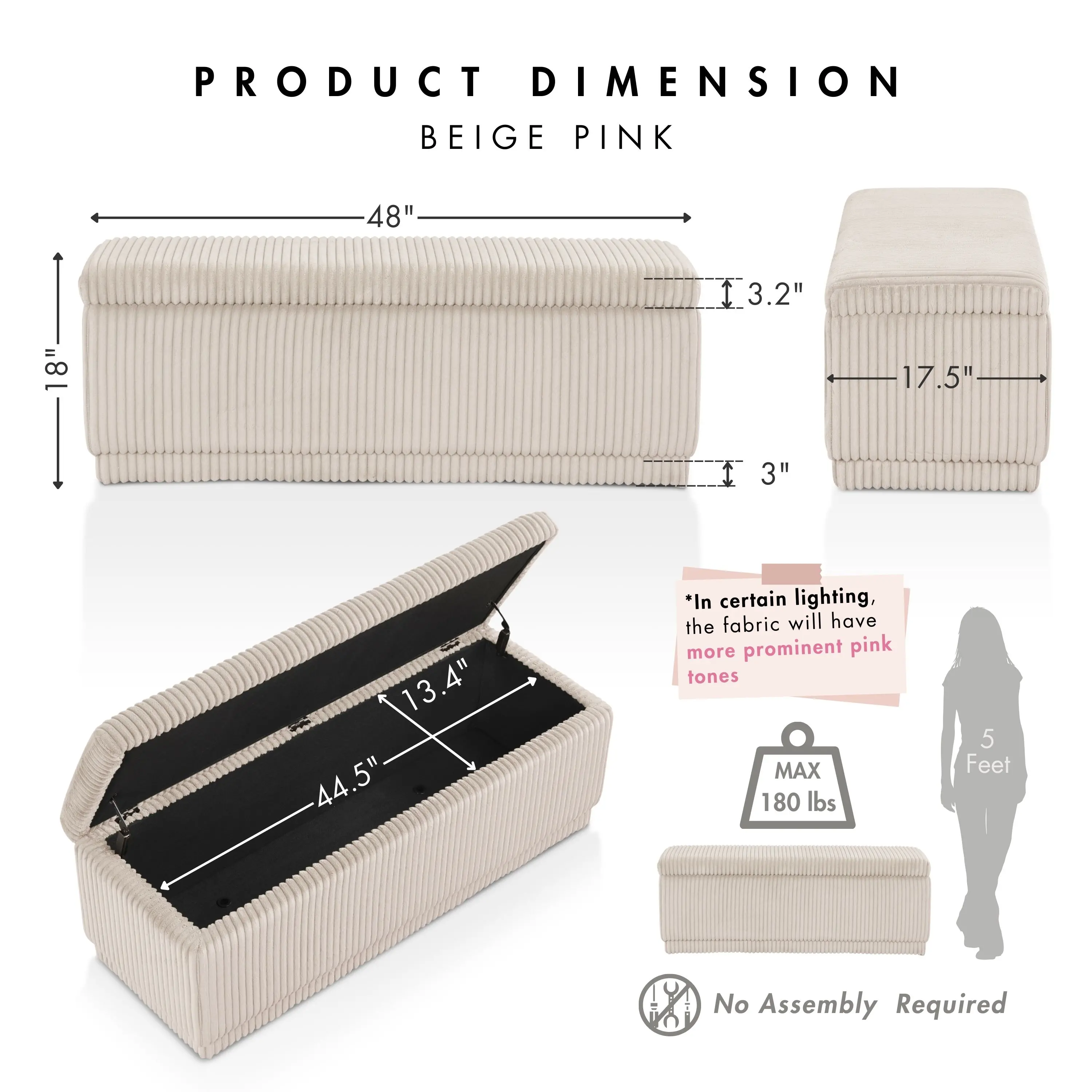 EC-BN2404PK Elyndra Beige Pink Chenille Rectangular Storage Bench-9