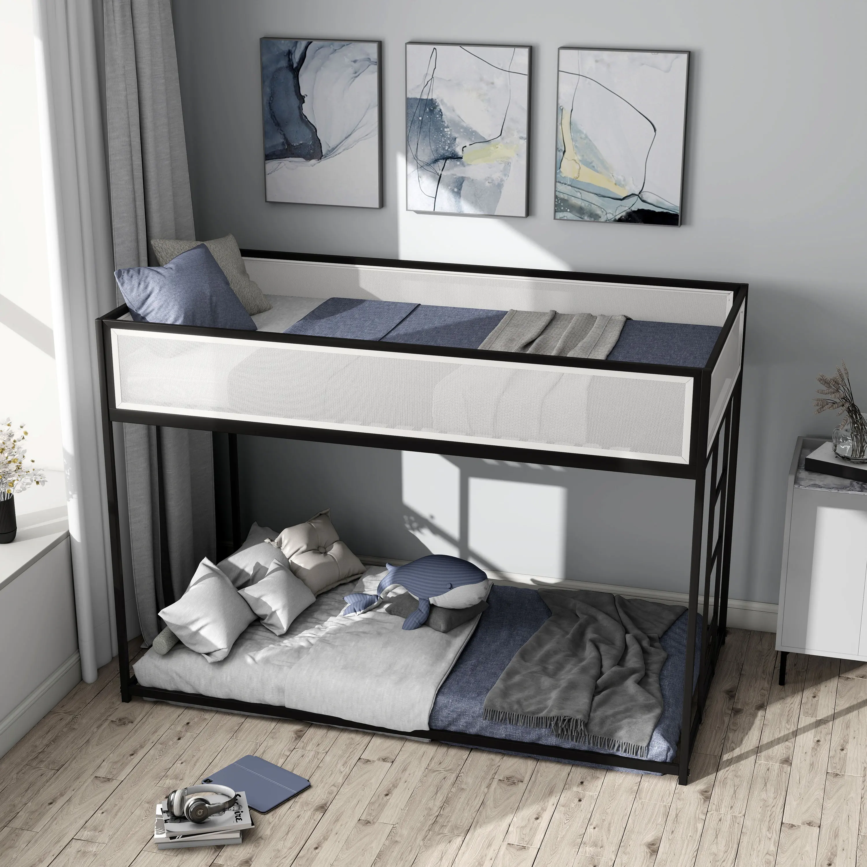 EC-BK702BK Jackson Black and White Metal Twin over Twin Low Profile Bunk Bed-2
