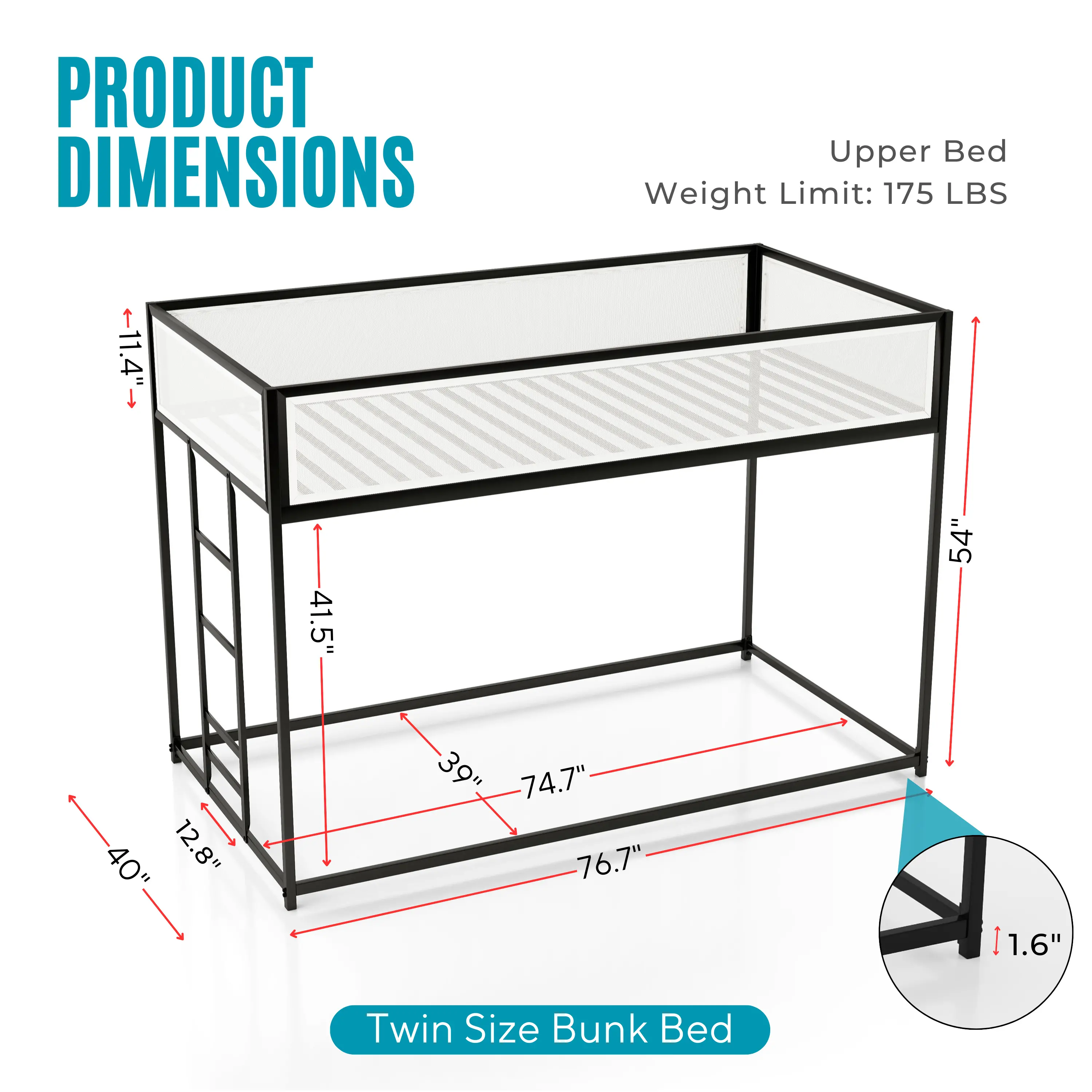 EC-BK702BK Jackson Black and White Metal Twin over Twin Low Profile Bunk Bed-11