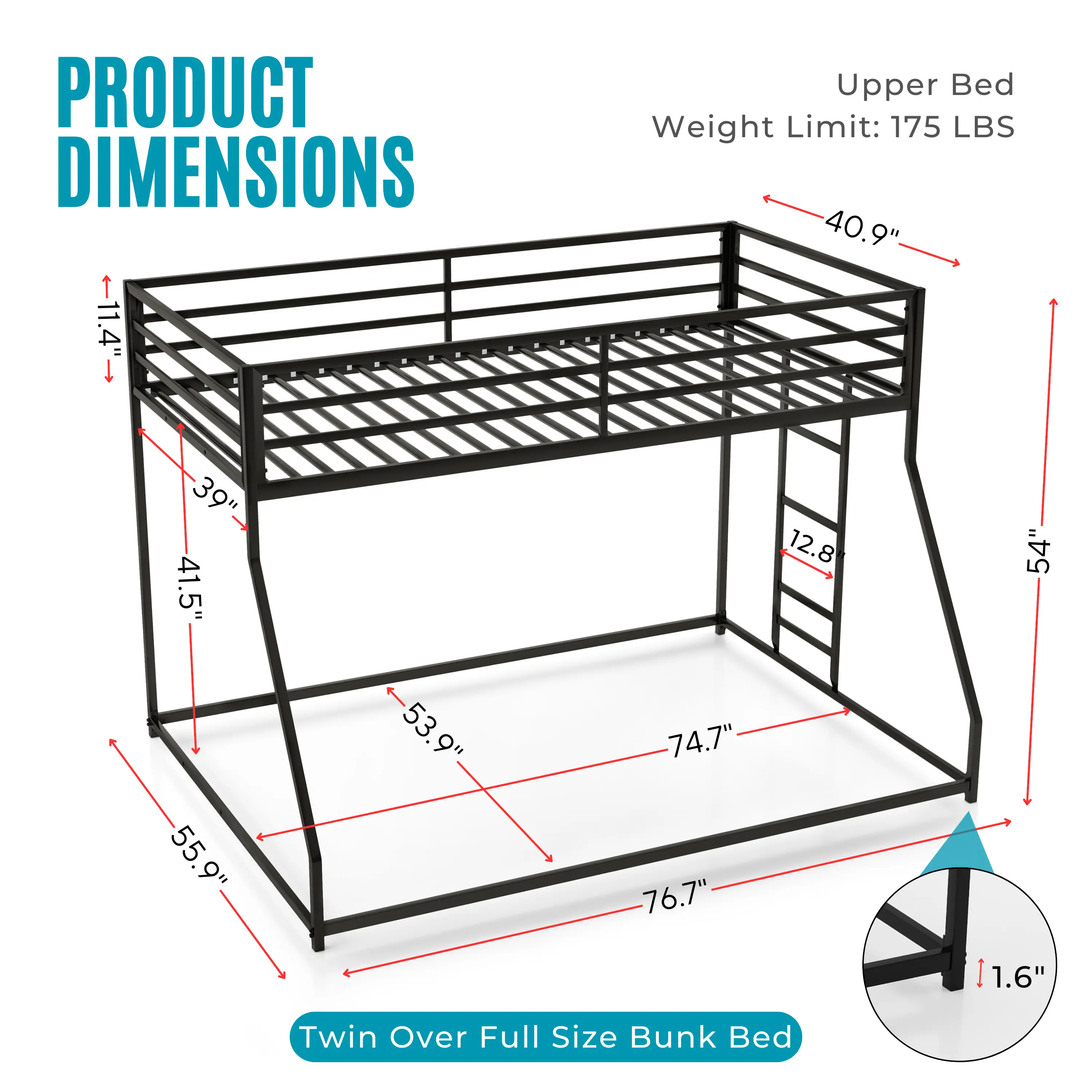 EC-BK703BK Jackson Black Metal Twin over Full Low Profile Bunk Bed-10