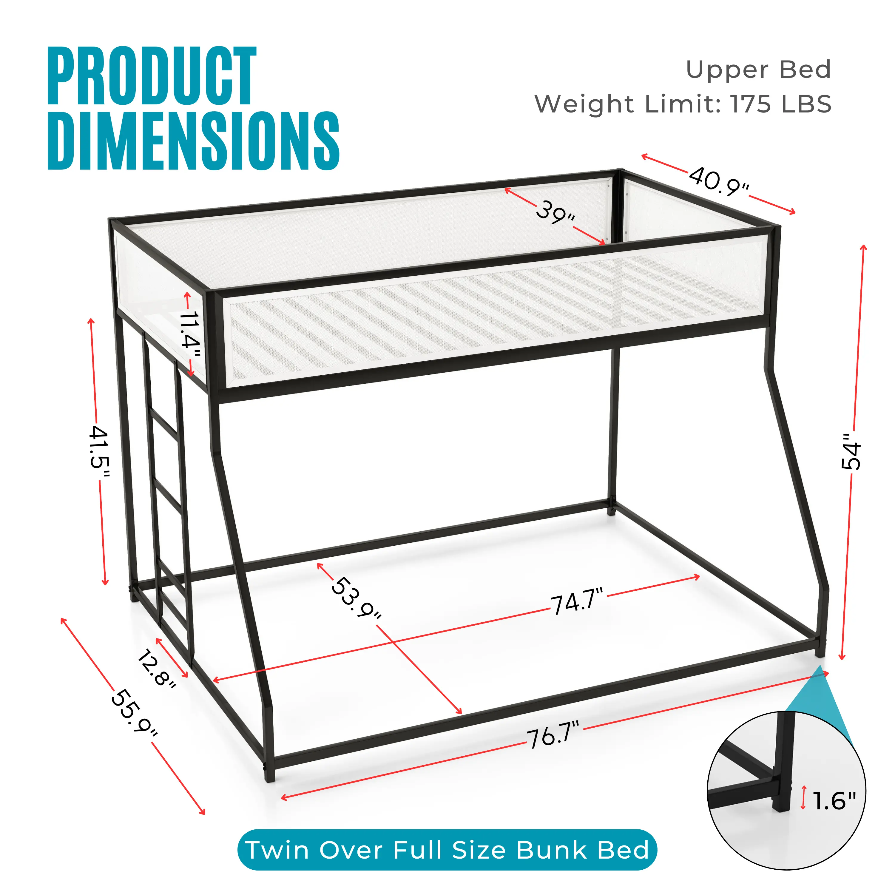 EC-BK704BK Jackson Black and White Metal Twin over Full Low Profile Bunk Bed-11