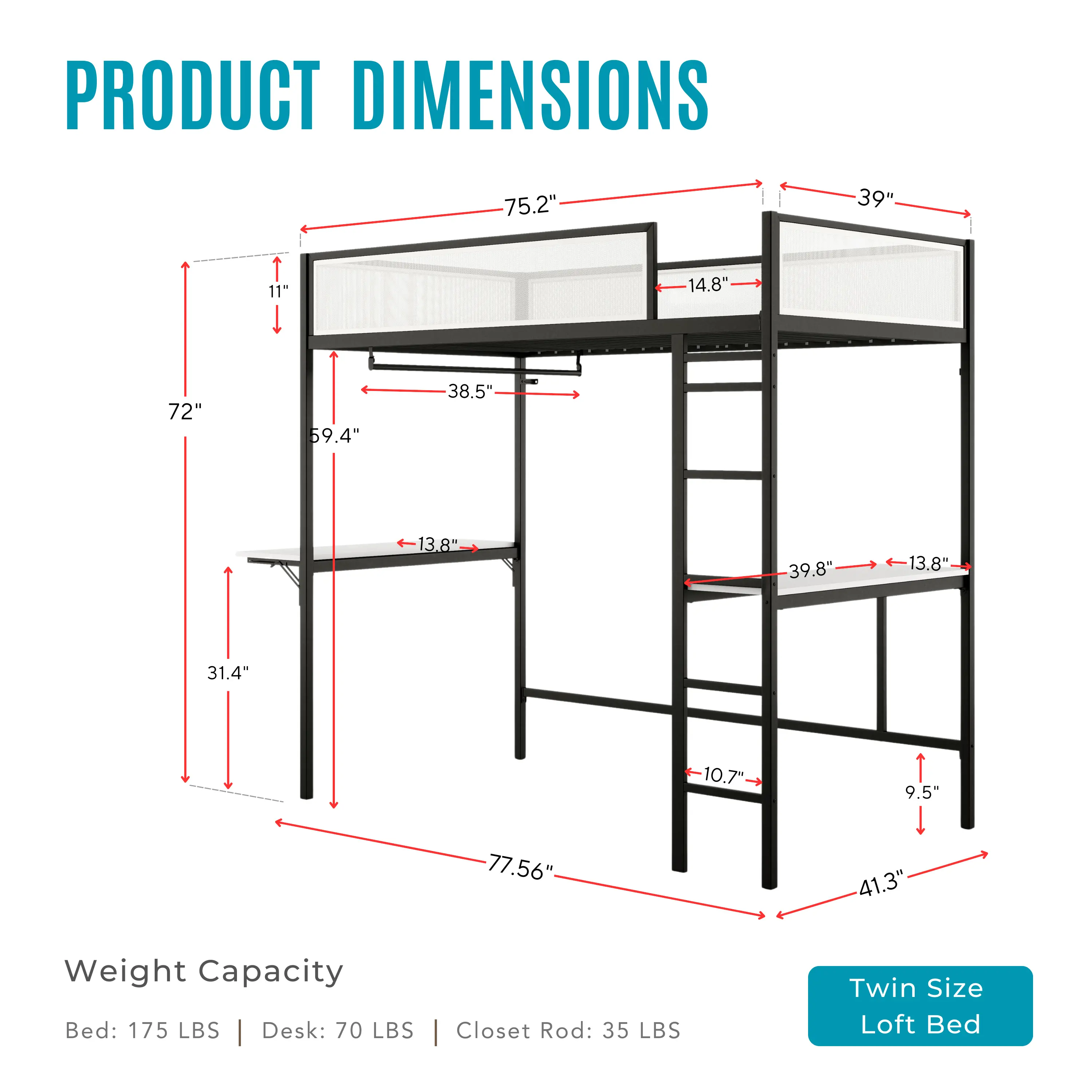 EC-BK705BK Jackson Black Metal Twin Loft Bed with Dual Desks-12