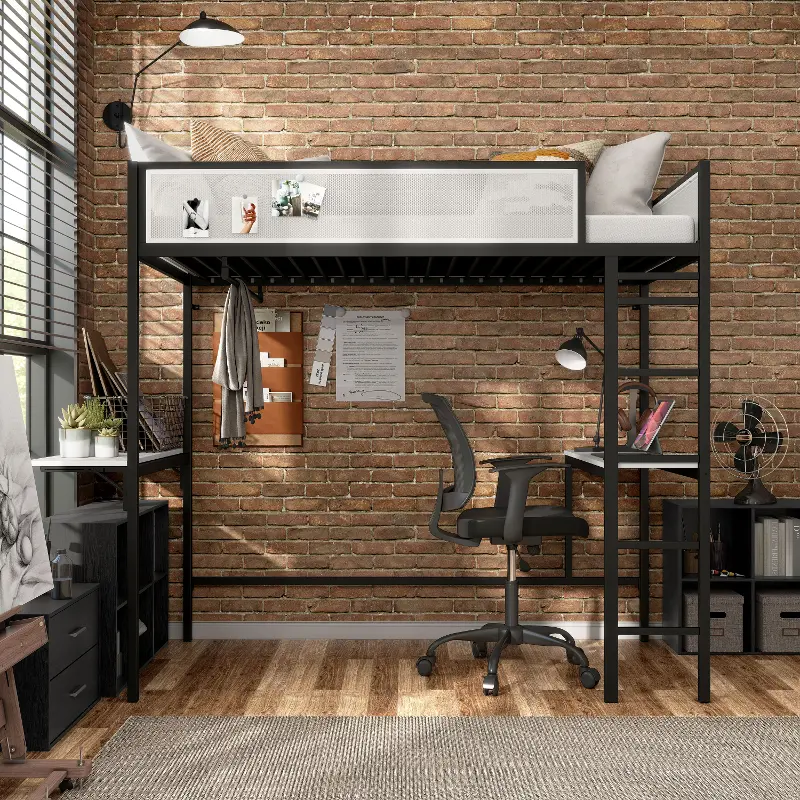 Jackson Black Metal Twin Loft Bed with Dual Desks