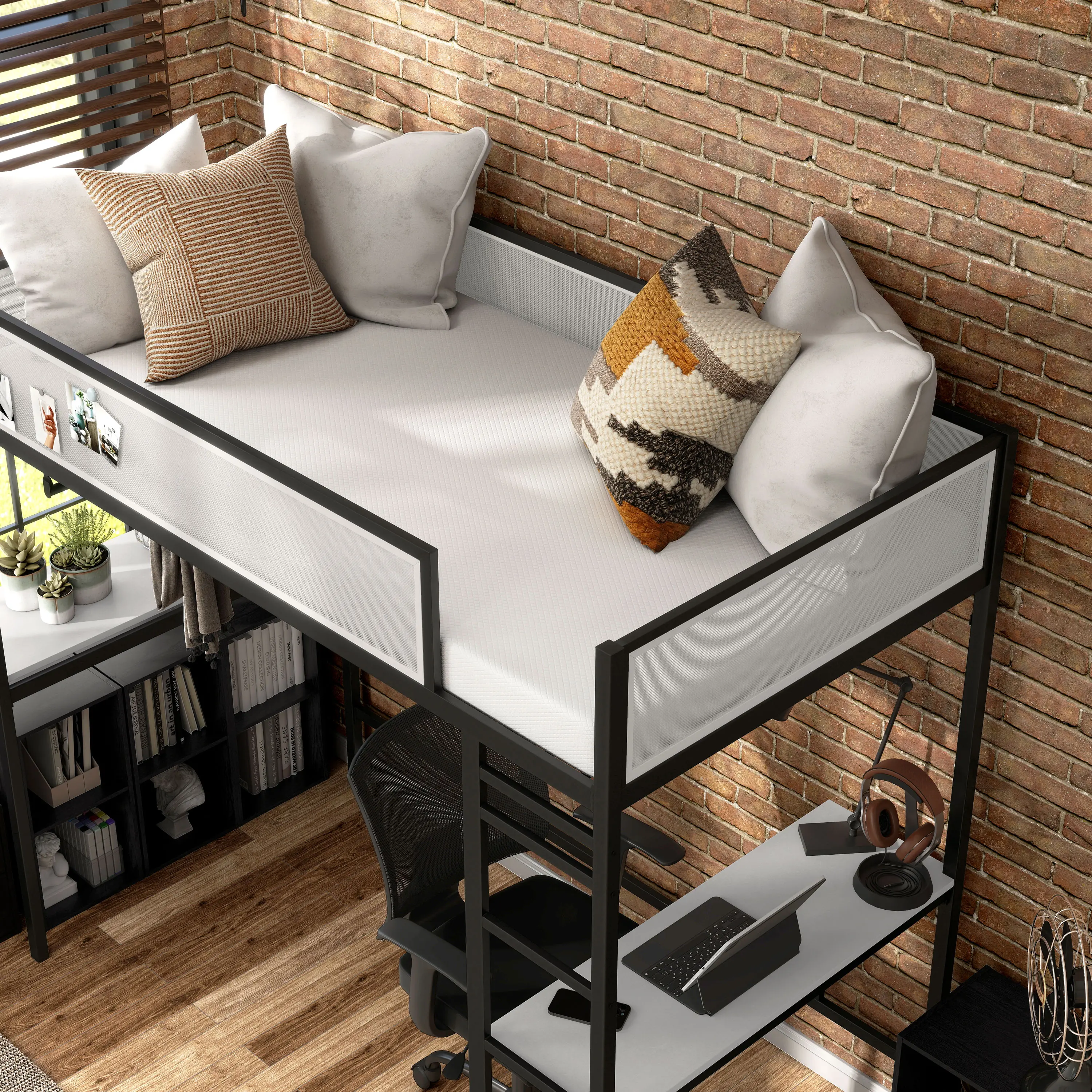 EC-BK705BK Jackson Black Metal Twin Loft Bed with Dual Desks-3