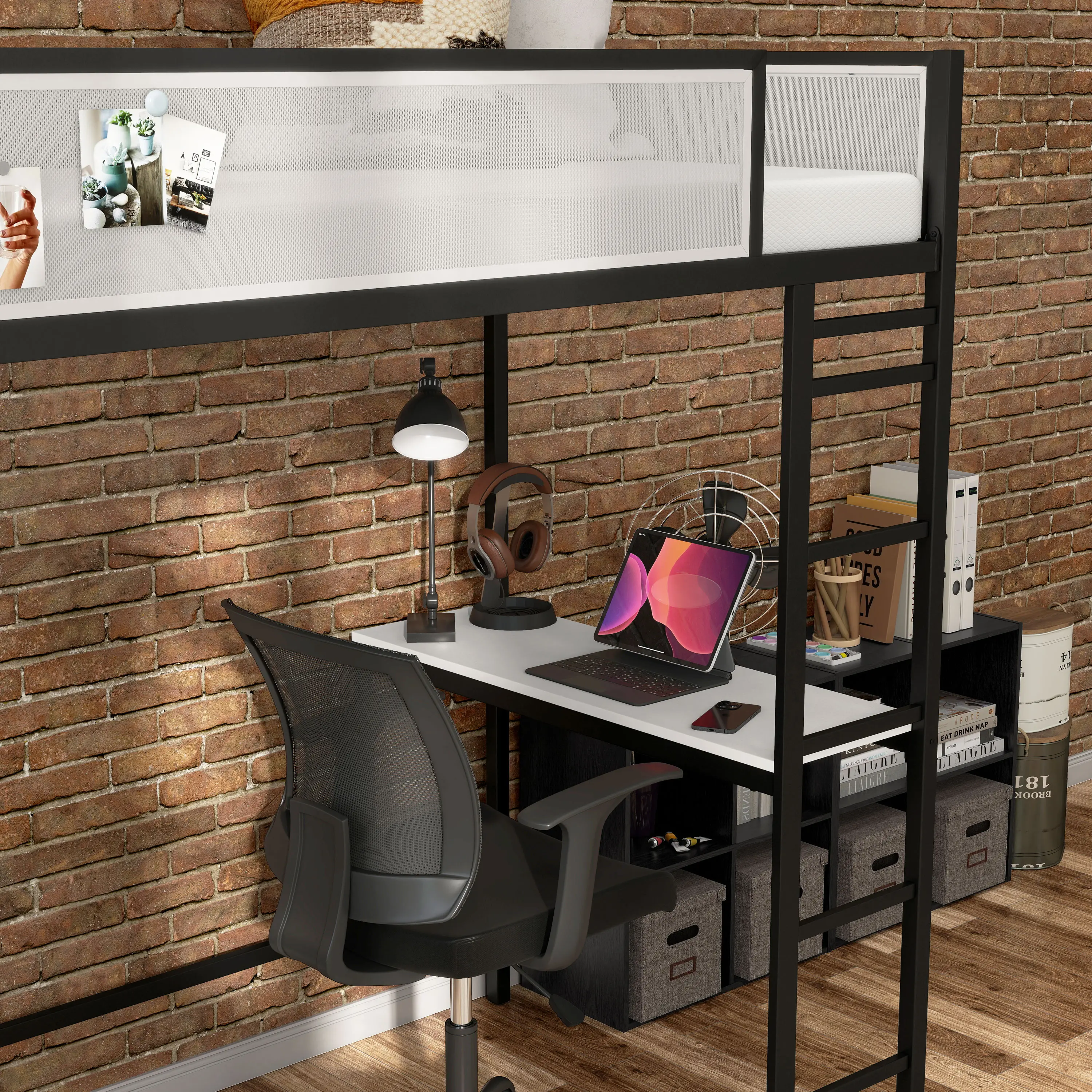 EC-BK705BK Jackson Black Metal Twin Loft Bed with Dual Desks-4