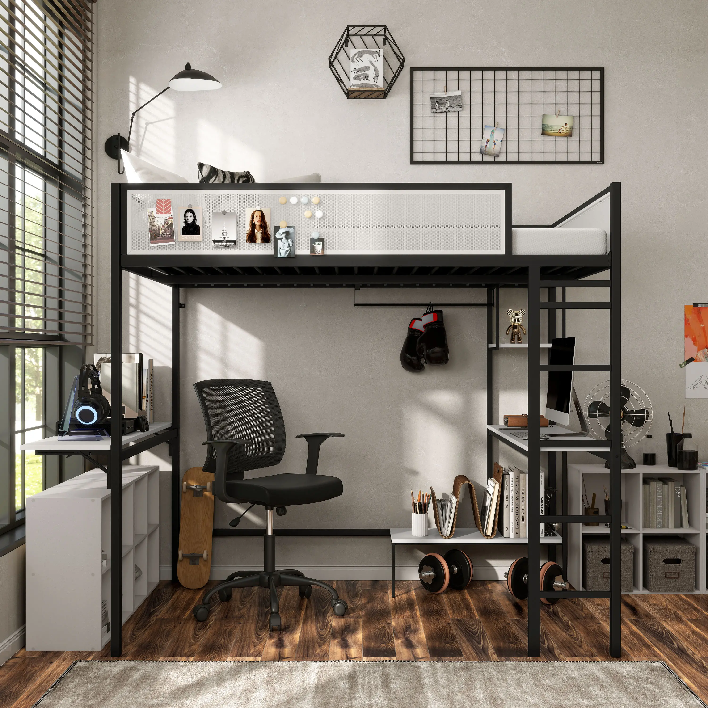 EC-BK706BK Jackson Black Metal Full Loft Bed with Dual Desks-2