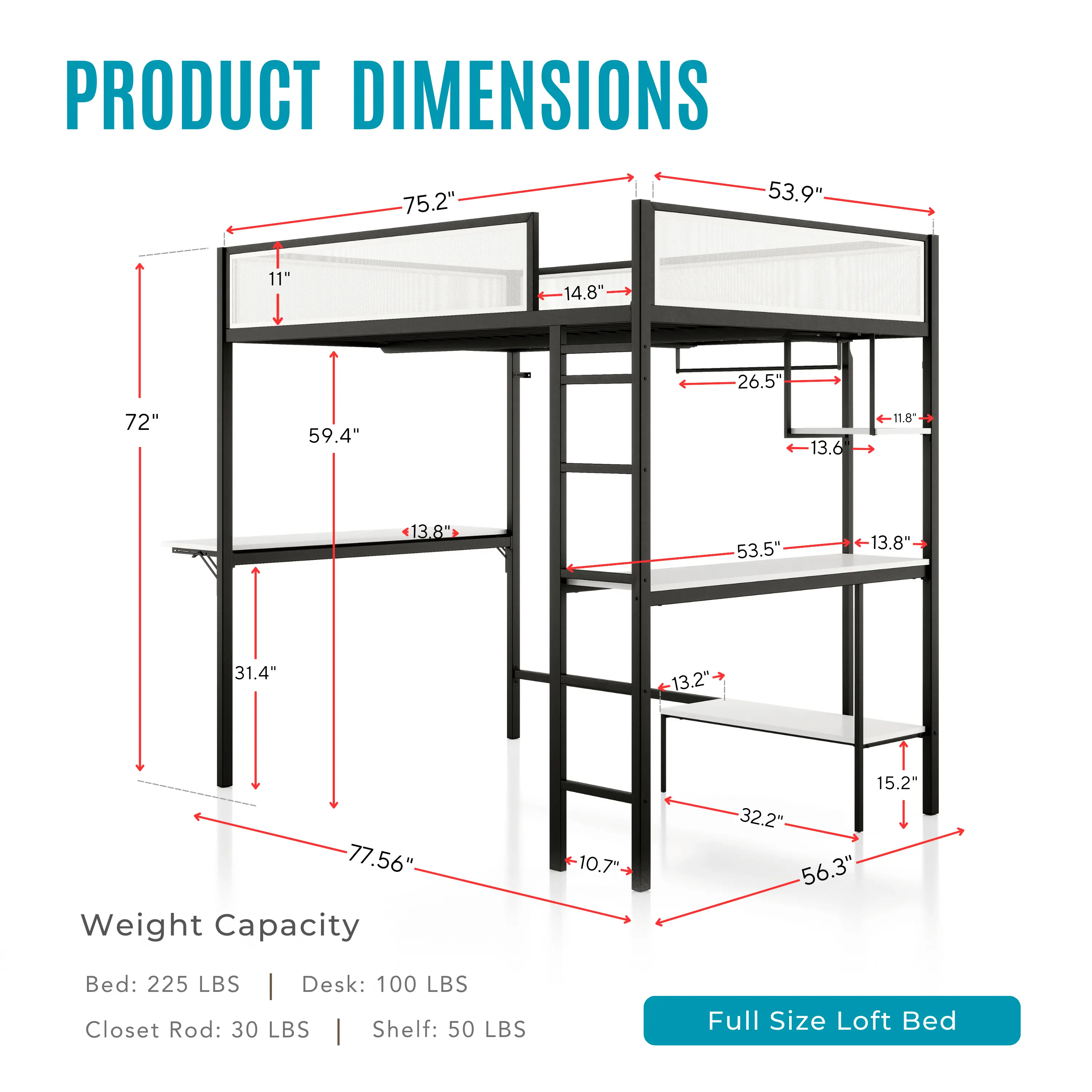 EC-BK706BK Jackson Black Metal Full Loft Bed with Dual Desks-14