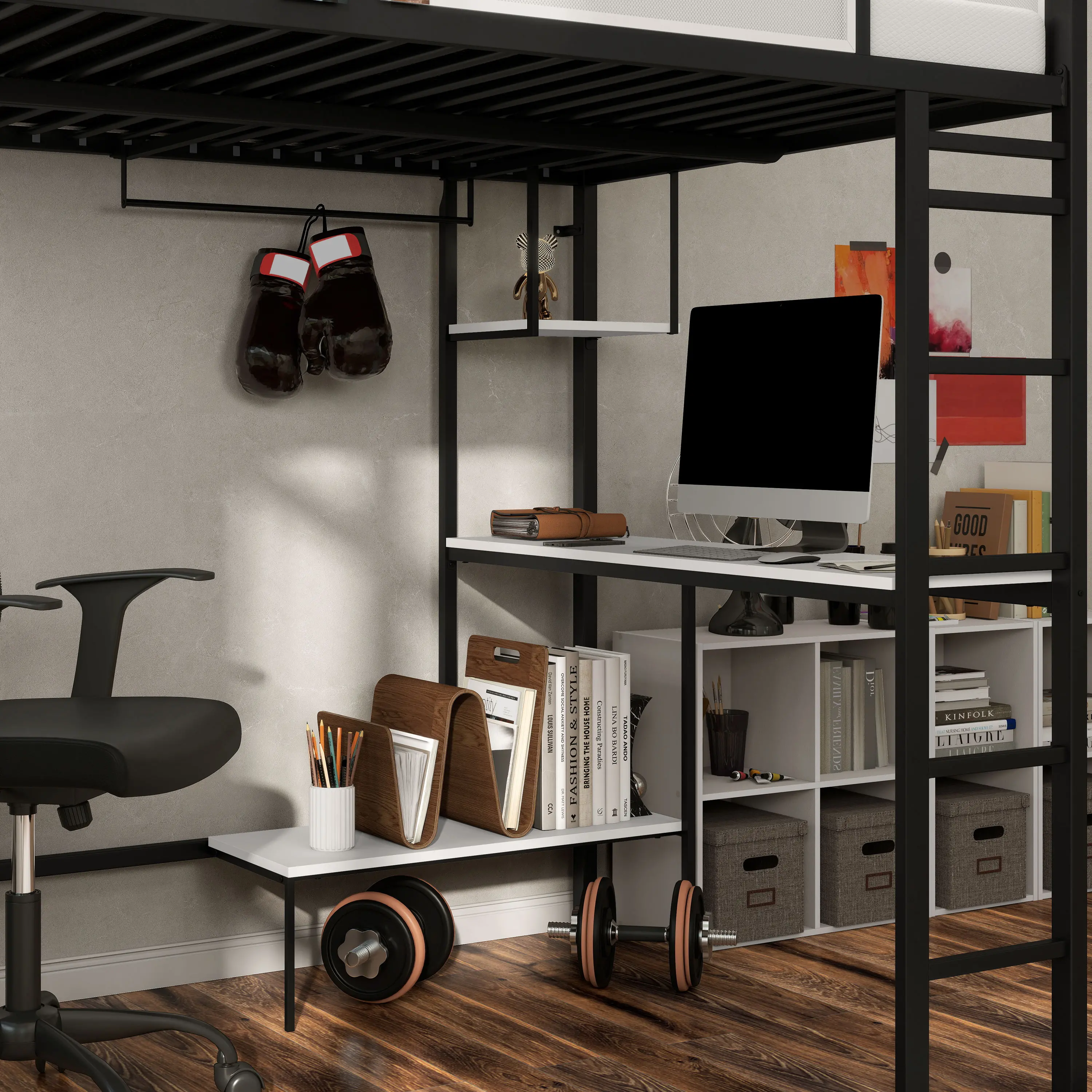 EC-BK706BK Jackson Black Metal Full Loft Bed with Dual Desks-4